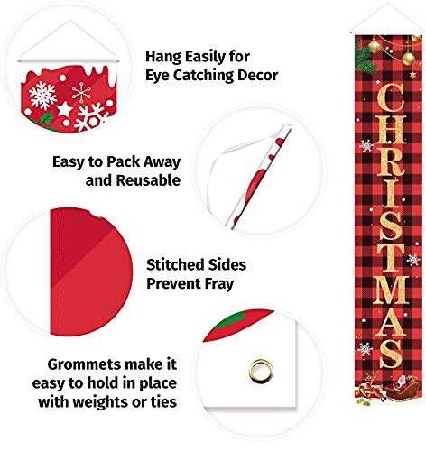 Christmas Decorations Merry Christmas Banner Decor Porch Sign, Christmas Porch Banner Happy New Year Plaid Signs for Home Front Door Fireplace or Holiday Party Decor for Country Wall Hanging Outside