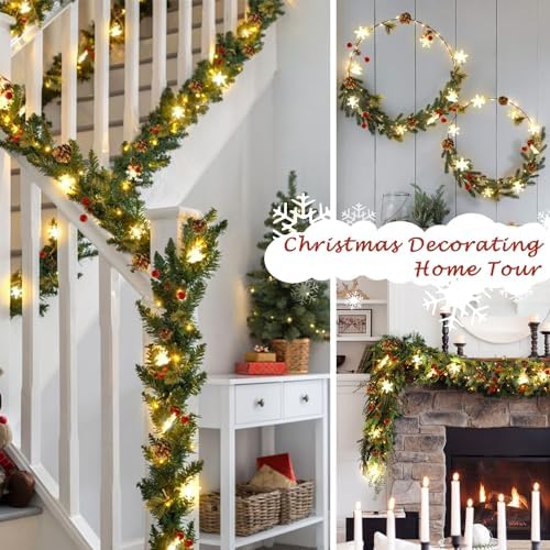 Christmas Garland with Lights, 10 Feet, 30 LED Lights, Pinecones, Red Berries, and Bells Decorations, Christmas Indoor Decorations for Home and Mantelpiece Door Frame Decorations