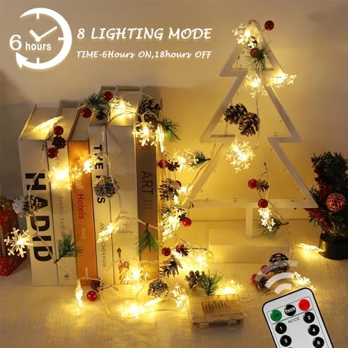 Christmas Garland with Lights, 10 Feet, 30 LED Lights, Pinecones, Red Berries, and Bells Decorations, Christmas Indoor Decorations for Home and Mantelpiece Door Frame Decorations