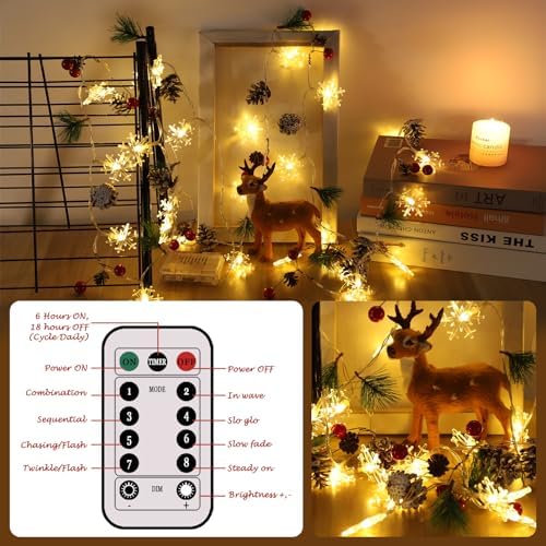 Christmas Garland with Lights, 10 Feet, 30 LED Lights, Pinecones, Red Berries, and Bells Decorations, Christmas Indoor Decorations for Home and Mantelpiece Door Frame Decorations