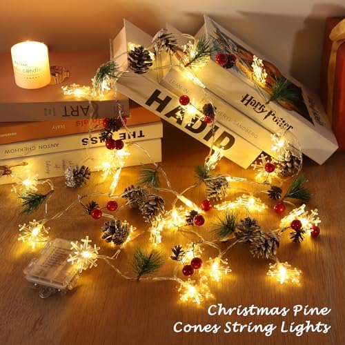 Christmas Garland with Lights, 10 Feet, 30 LED Lights, Pinecones, Red Berries, and Bells Decorations, Christmas Indoor Decorations for Home and Mantelpiece Door Frame Decorations