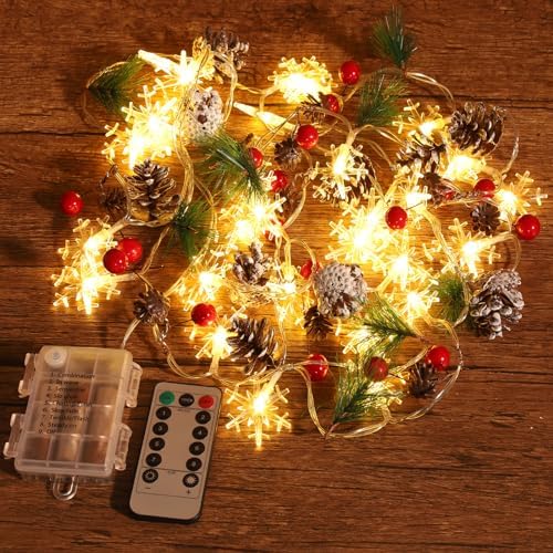 Christmas Garland with Lights, 10 Feet, 30 LED Lights, Pinecones, Red Berries, and Bells Decorations, Christmas Indoor Decorations for Home and Mantelpiece Door Frame Decorations