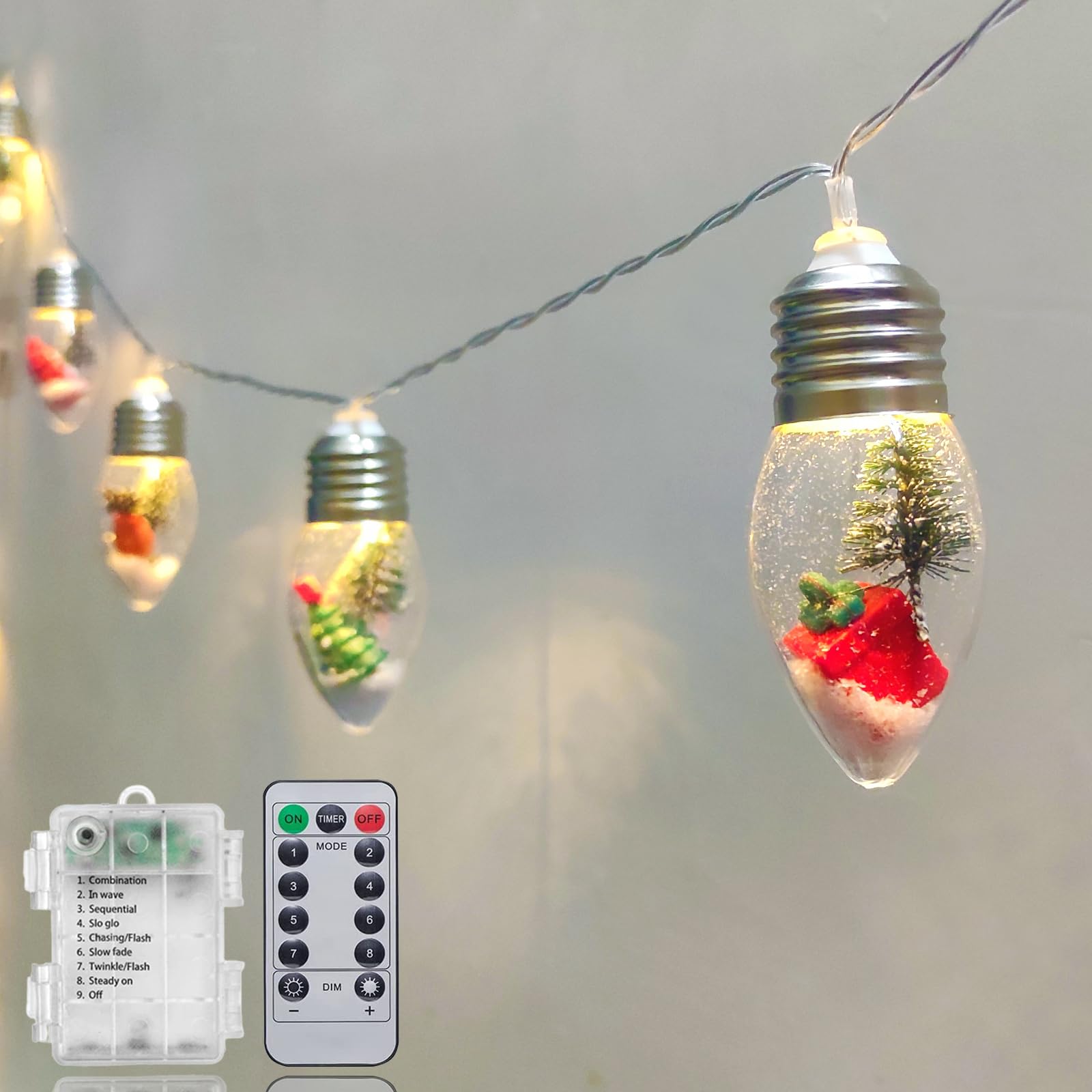 Christmas Lights 6.8Ft LED Christmas Tree Snow Globe Light 10 Shatterproof Edison Bulbs Battery Operated Light with Remote Timer, String Lights Indoor for Bedroom Porch Garden Party Xmas Decor