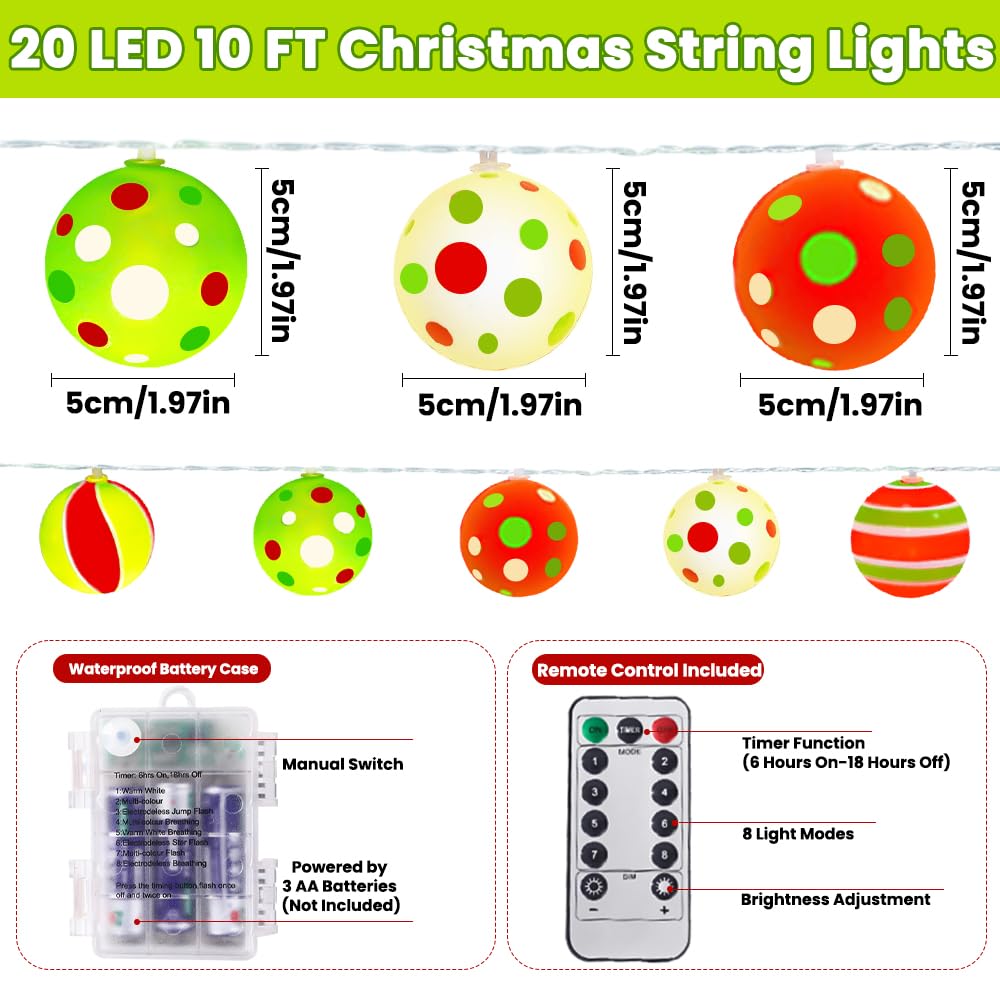 JOICEE 10 Ft 20 LED Waterproof Battery Operated Christmas String Lights with Timer & 8 Modes for Christmas Tree Wreath Decorations Holiday Home Garden Indoor Outdoor Decor