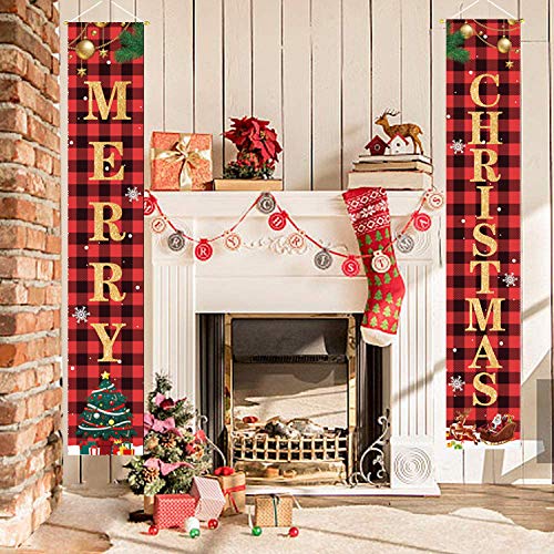 Christmas Decorations Merry Christmas Banner Decor Porch Sign, Christmas Porch Banner Happy New Year Plaid Signs for Home Front Door Fireplace or Holiday Party Decor for Country Wall Hanging Outside