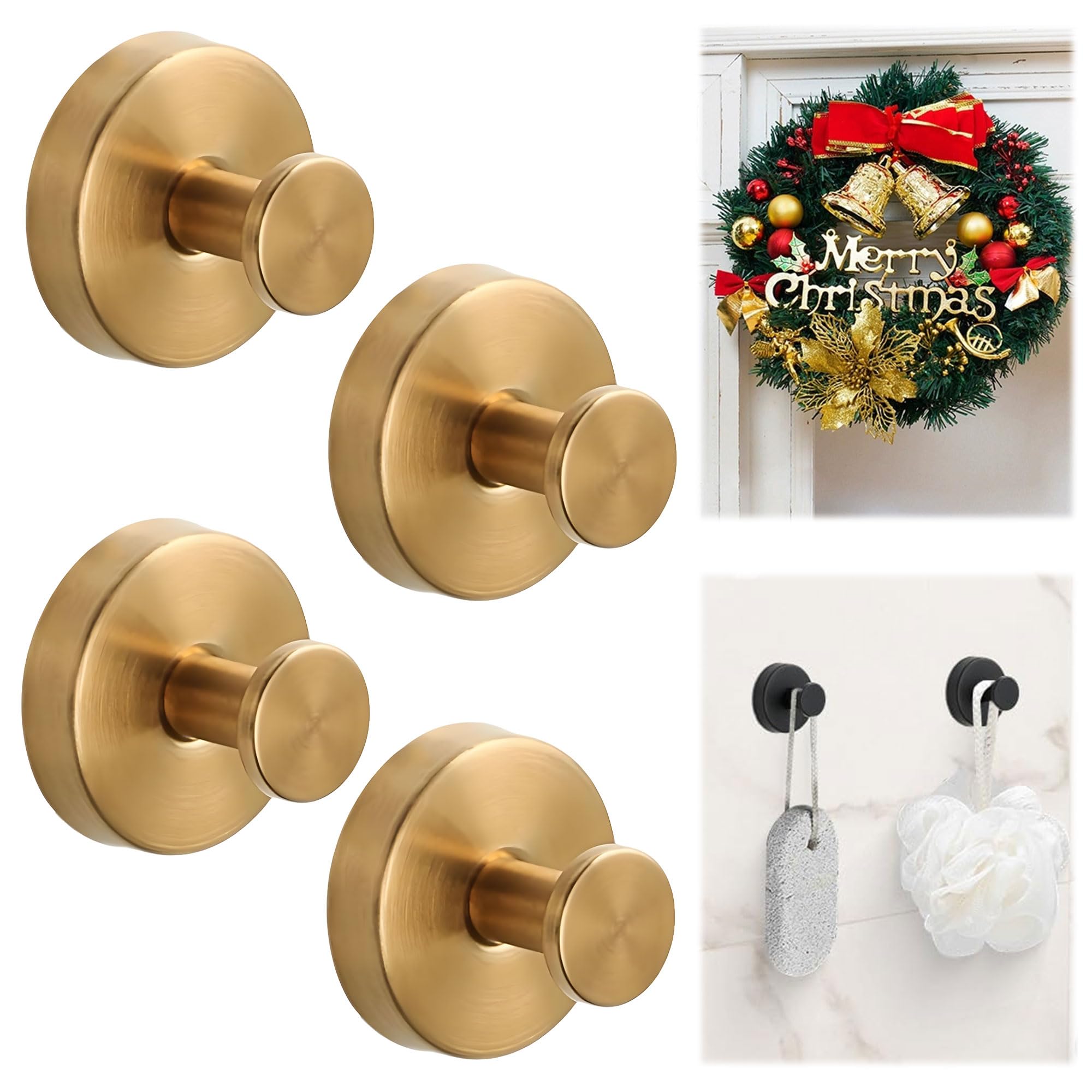 Suction Cup Hooks for Wreaths on Glass, 2025 New No Drill Suction Cup Hooks for Shower, Wreath Hanger for Front Door, Metal Towel Hooks for Window Bathroom Mirrors Christmas Decorations (2, Gold)