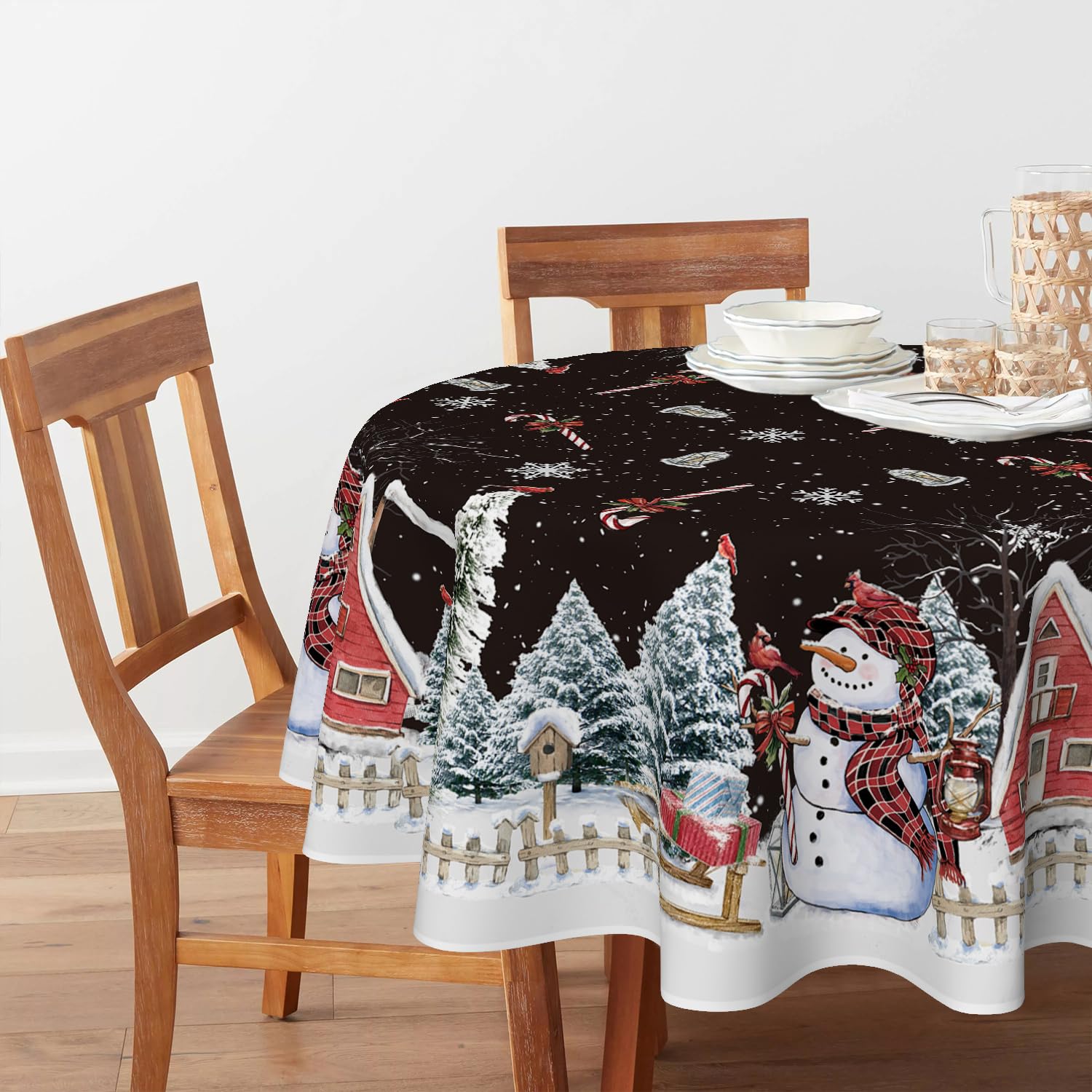 Horaldaily Christmas Tablecloth 60×84 Inch, Winter Snowman House Christmas Trees Red Washable Table Cover for Party Picnic Dinner Decor