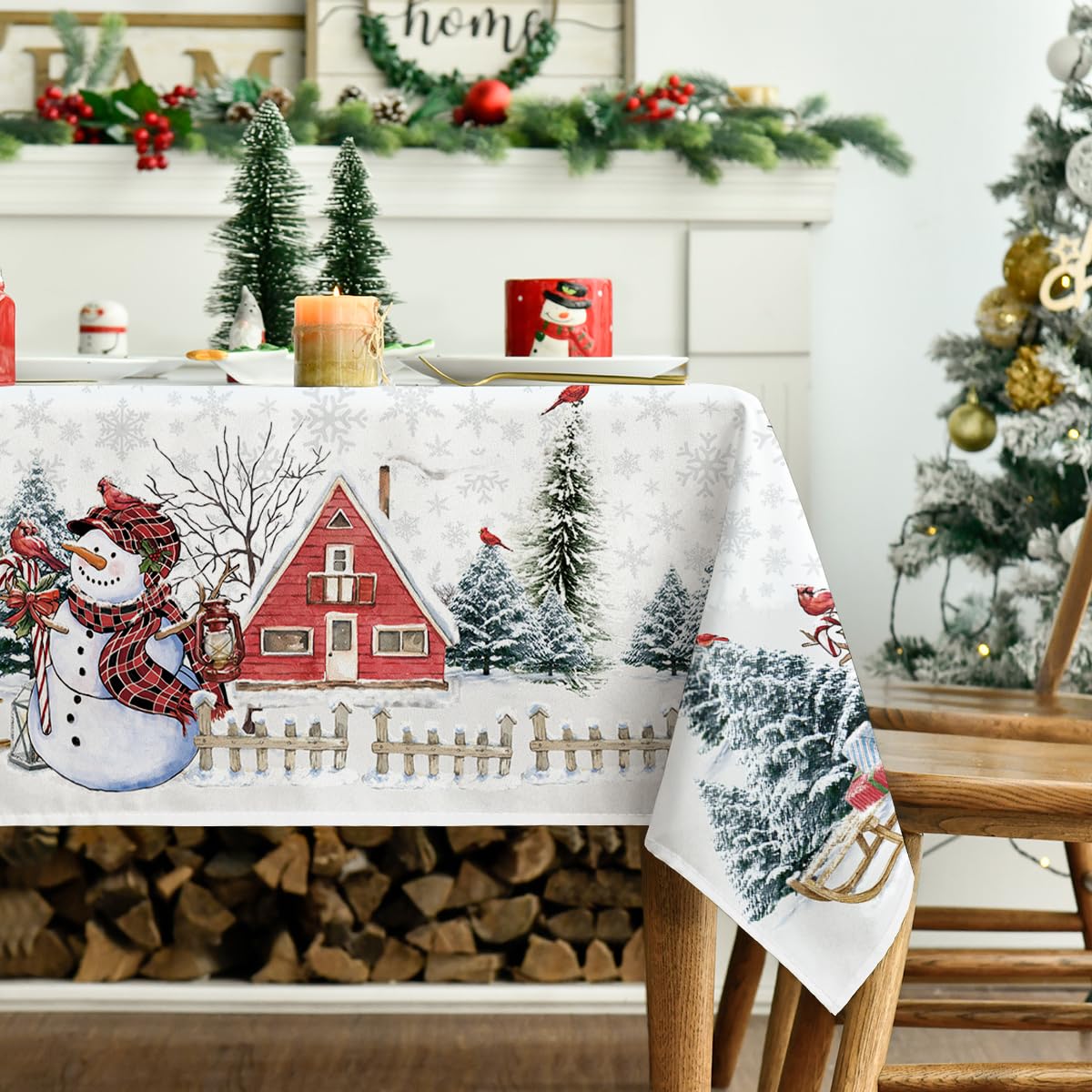 Horaldaily Christmas Tablecloth 60×84 Inch, Winter Snowman House Christmas Trees Red Washable Table Cover for Party Picnic Dinner Decor