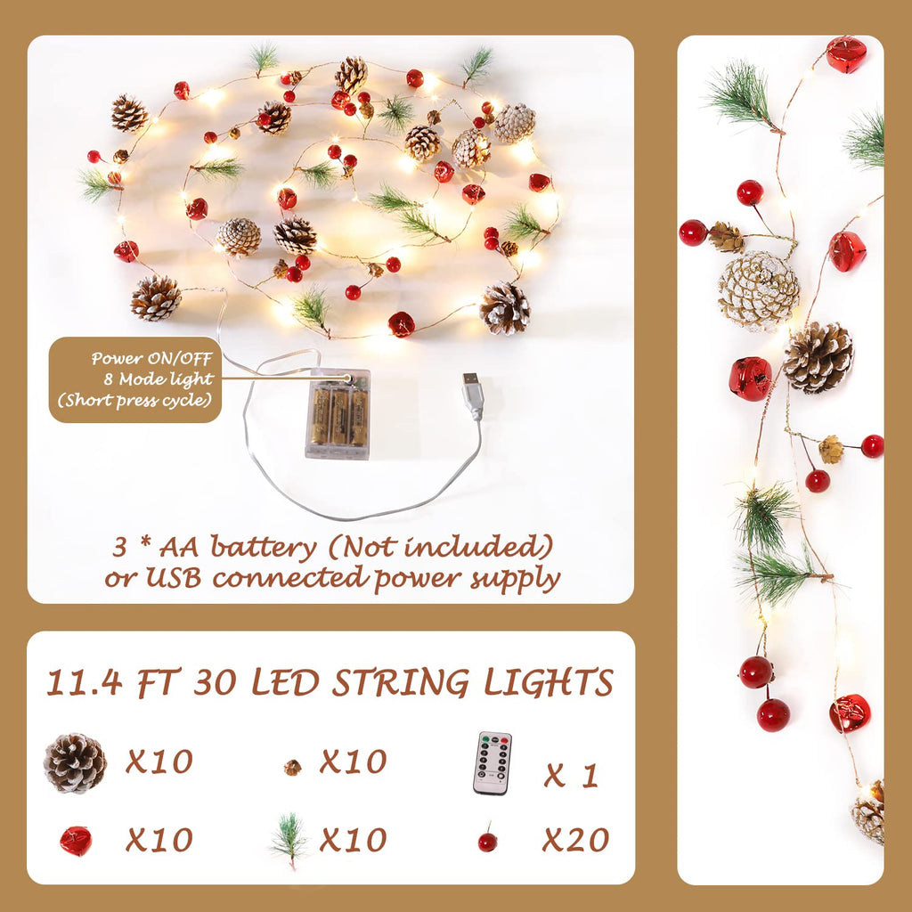 Christmas Garland with Lights, 10 Feet, 30 LED Lights, Pinecones, Red Berries, and Bells Decorations, Christmas Indoor Decorations for Home and Mantelpiece Door Frame Decorations