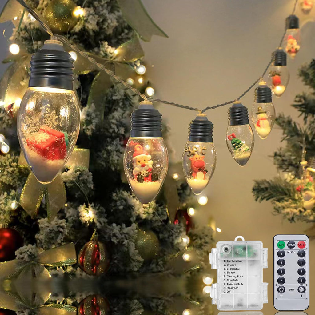 Christmas Lights 6.8Ft LED Christmas Tree Snow Globe Light 10 Shatterproof Edison Bulbs Battery Operated Light with Remote Timer, String Lights Indoor for Bedroom Porch Garden Party Xmas Decor