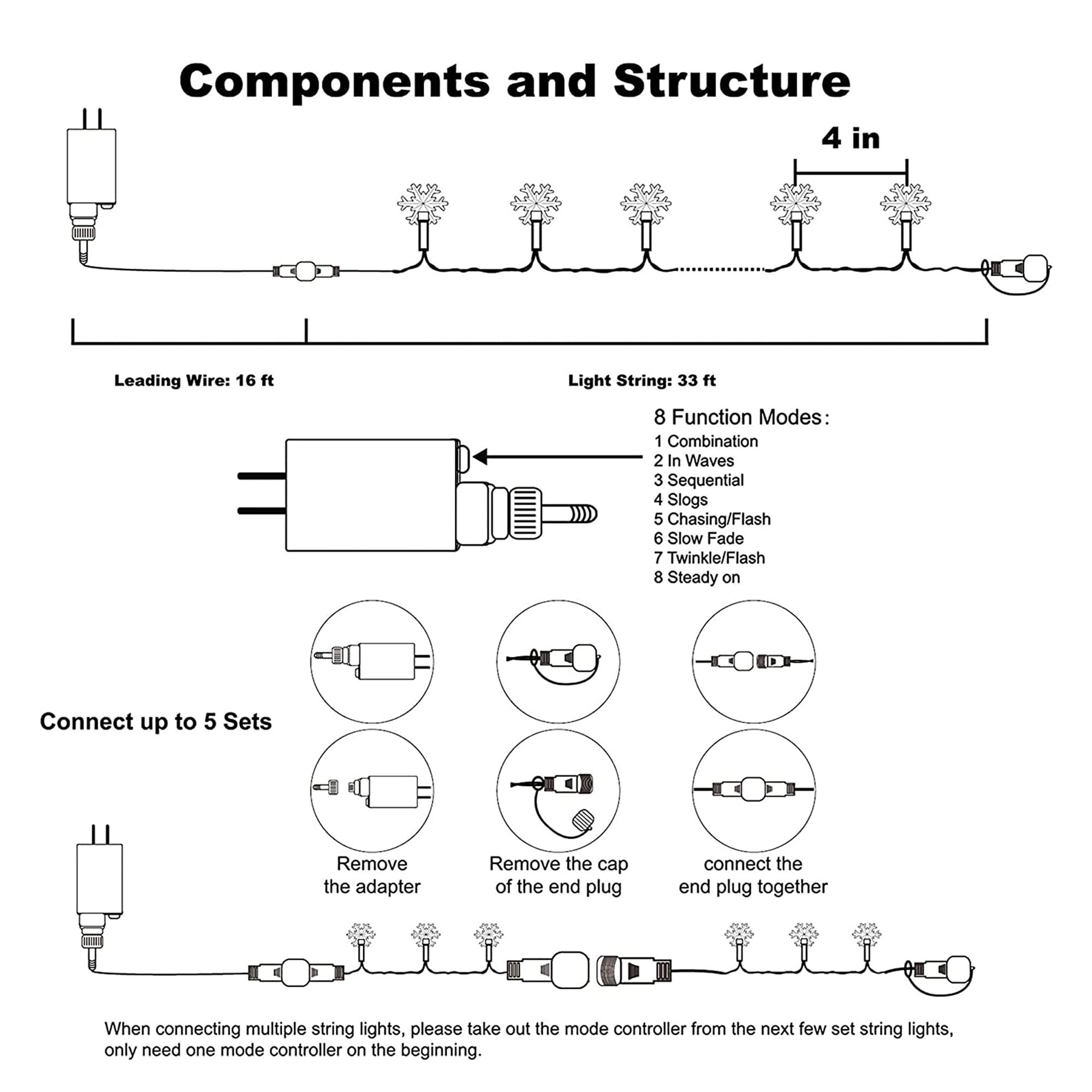 Dazzle Bright Christmas Snowflakes String Lights, 100 LED 49FT Waterproof Christmas Lights Plug in with 8 Modes for Indoor Outdoor Holiday Wedding Party Xmas Tree Garden Decorations (Multi-Colored)