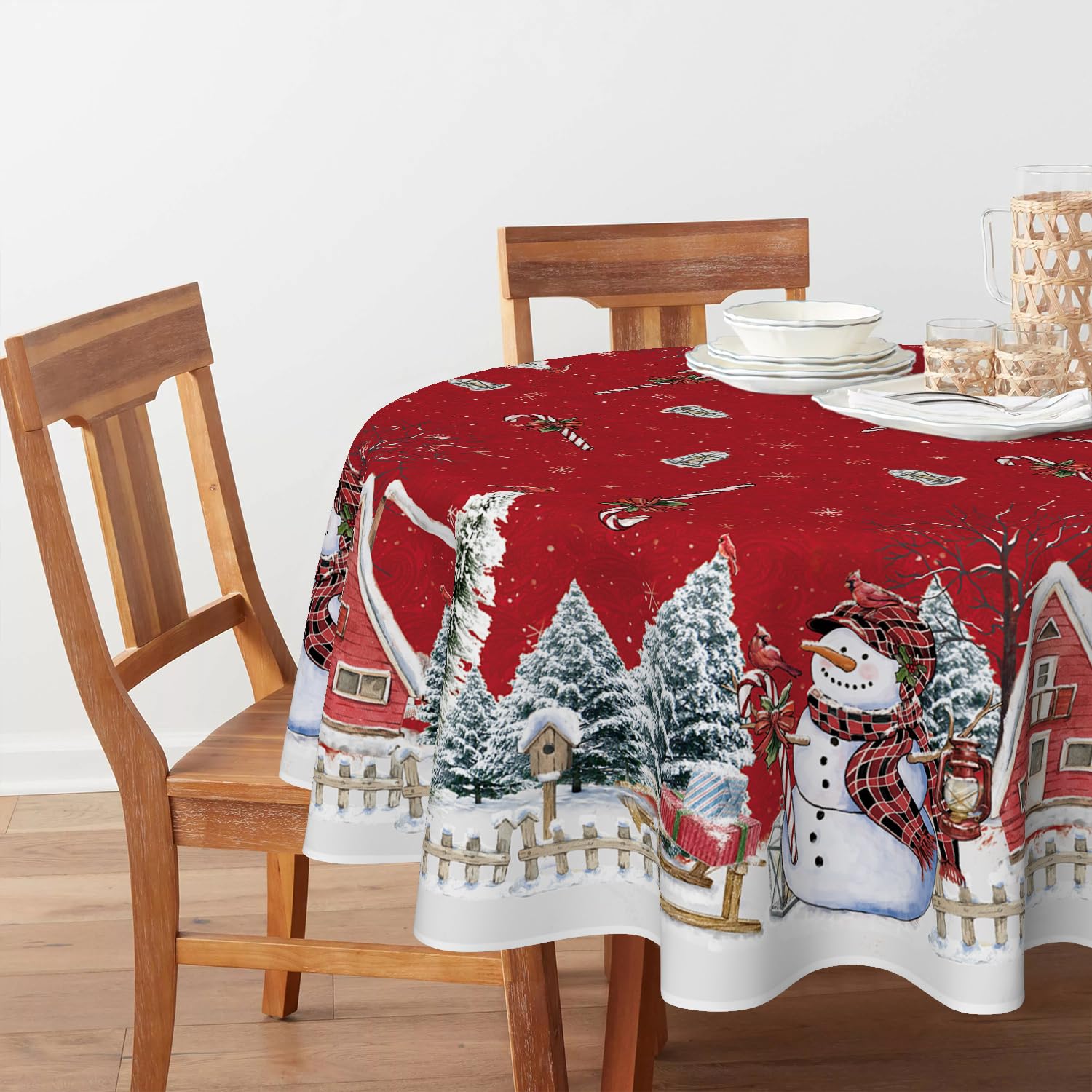 Horaldaily Christmas Tablecloth 60×84 Inch, Winter Snowman House Christmas Trees Red Washable Table Cover for Party Picnic Dinner Decor