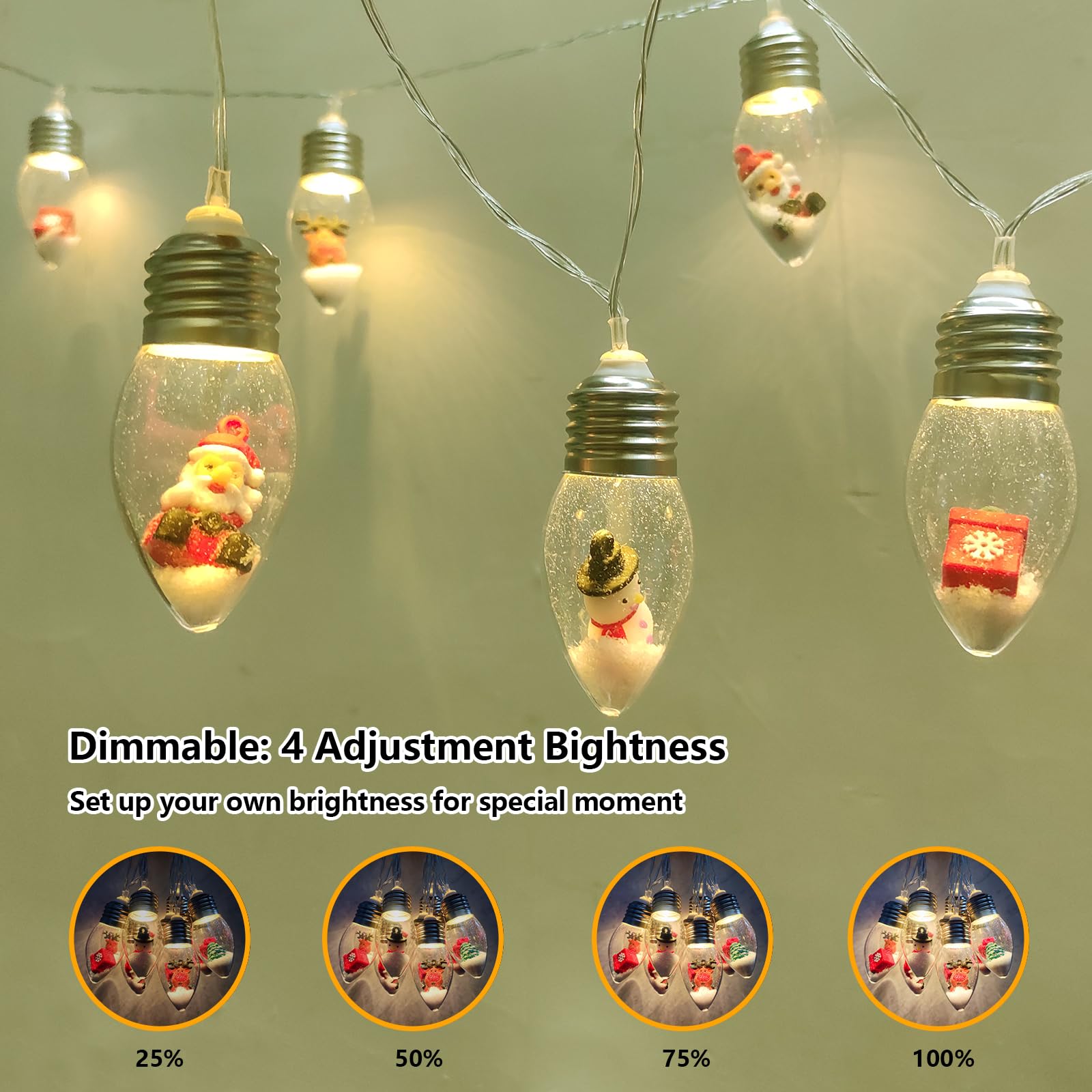 Christmas Lights 6.8Ft LED Christmas Tree Snow Globe Light 10 Shatterproof Edison Bulbs Battery Operated Light with Remote Timer, String Lights Indoor for Bedroom Porch Garden Party Xmas Decor