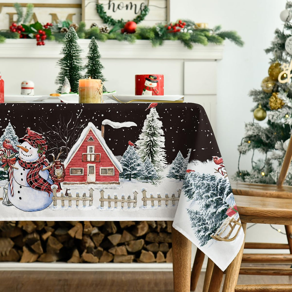 Horaldaily Christmas Tablecloth 60×84 Inch, Winter Snowman House Christmas Trees Red Washable Table Cover for Party Picnic Dinner Decor