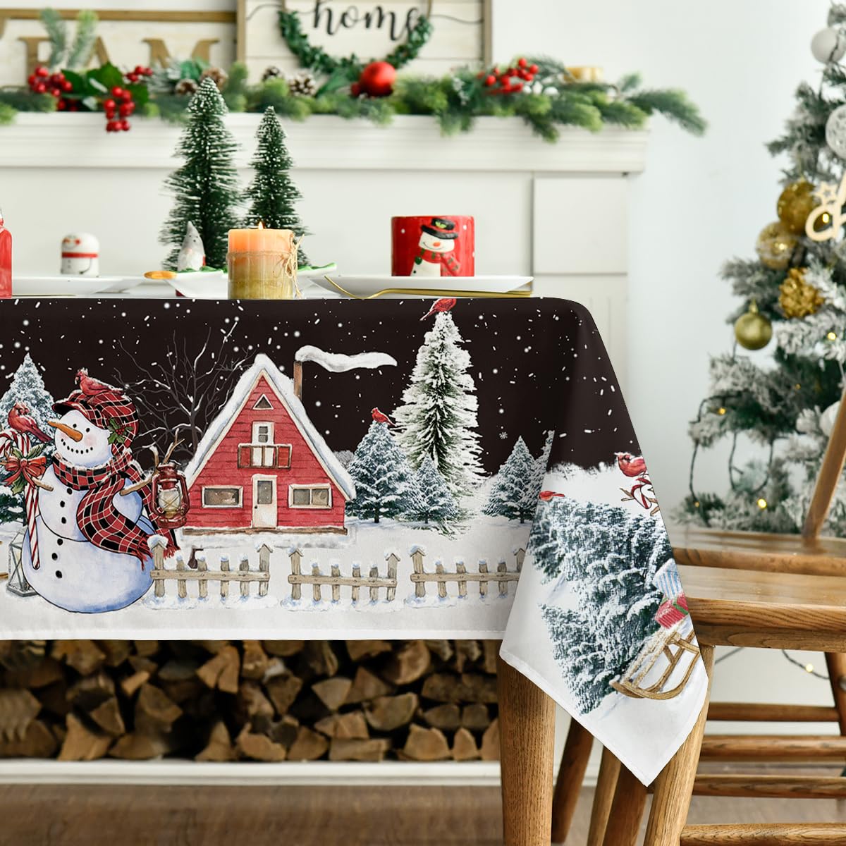 Horaldaily Christmas Tablecloth 60×84 Inch, Winter Snowman House Christmas Trees Red Washable Table Cover for Party Picnic Dinner Decor