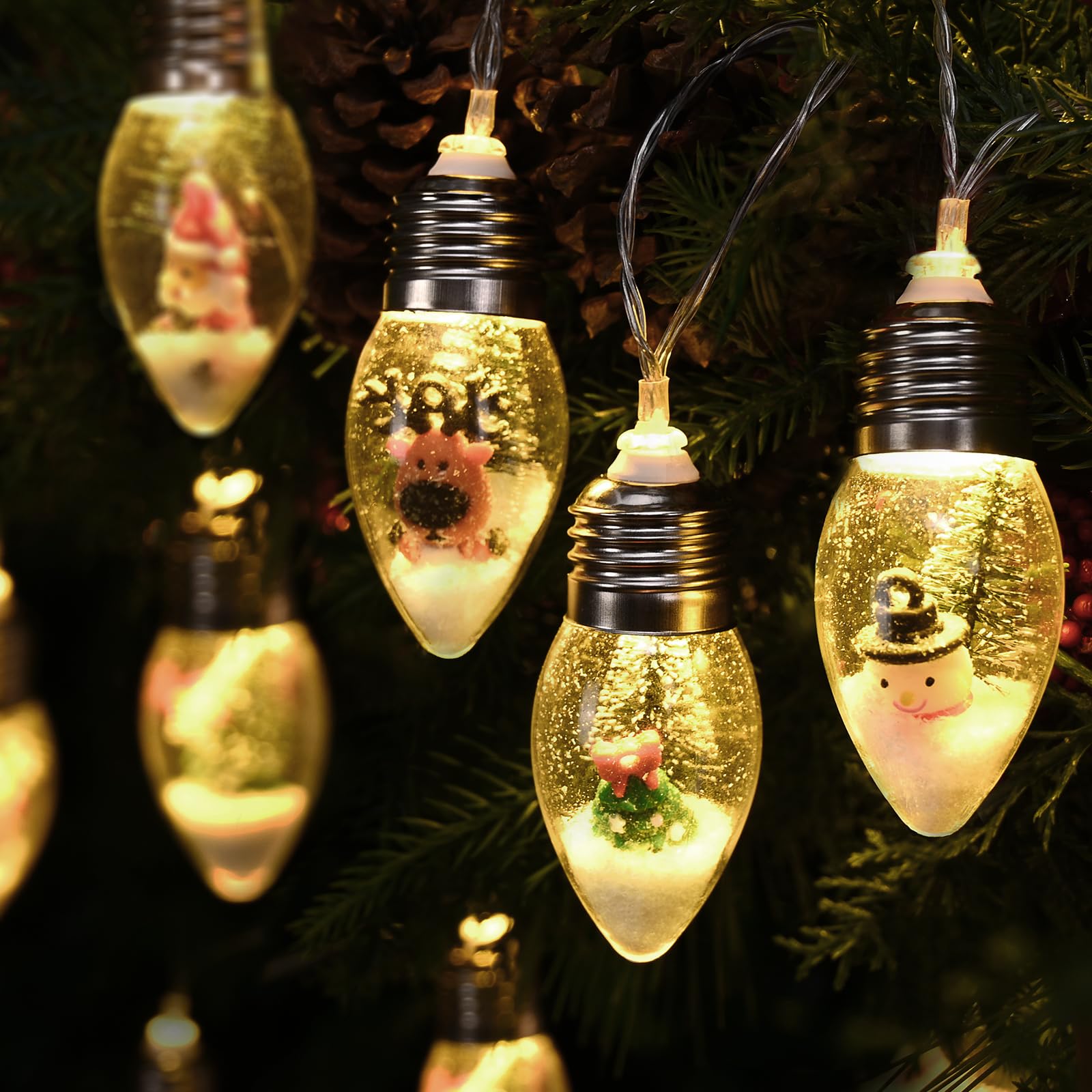 WENMER 2Pcs Christmas Snow Globe String Lights, 13.2FT Vintage Christmas Lights Indoor, 20 LED Globe Bulbs String Light with Snow & Cute Ornaments, Xmas Decor for Mantle, Patio, bedrooms