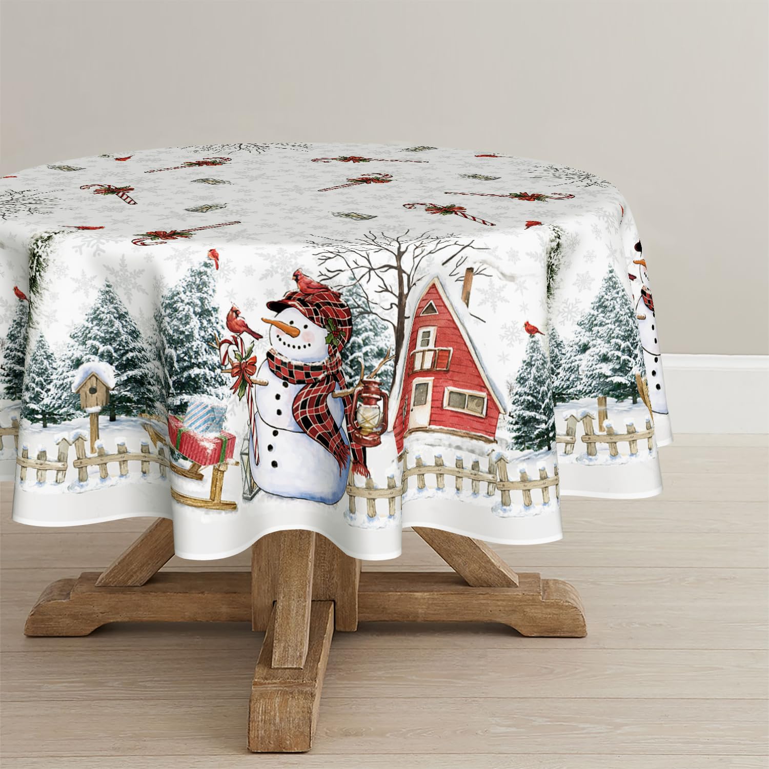 Horaldaily Christmas Tablecloth 60×84 Inch, Winter Snowman House Christmas Trees Red Washable Table Cover for Party Picnic Dinner Decor
