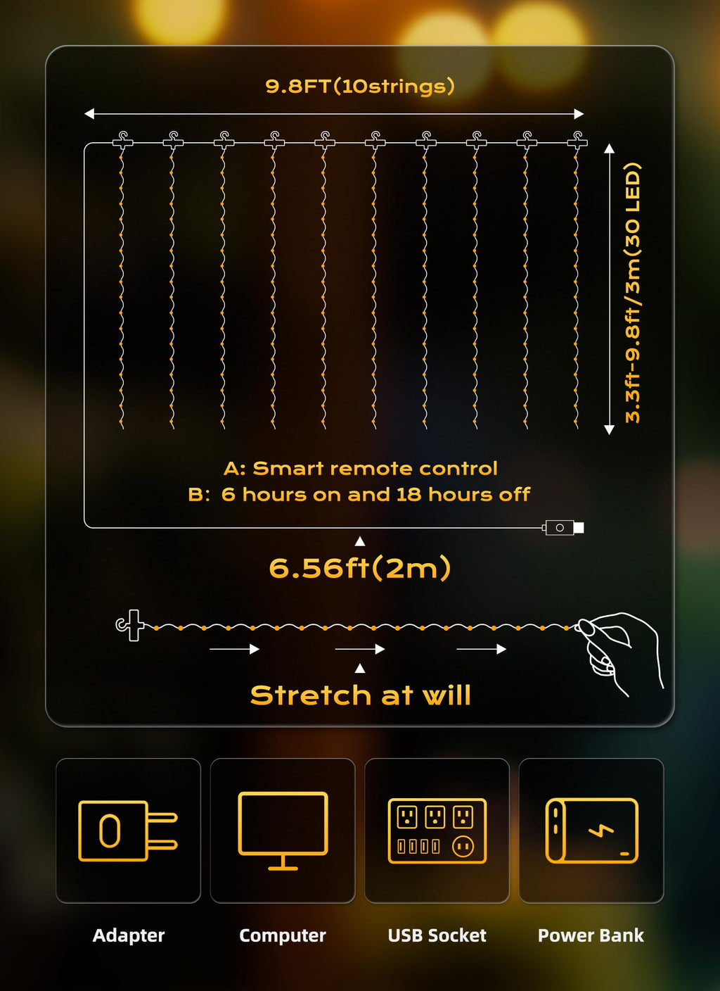 Brightown 300 LED Fairy Curtain Lights, 9.8ft x 9.8ft Warm White Curtain String Lights, USB Plug in 8 Lighting Modes Christmas Decoration, Hanging Lights with Remote for Bedroom Indoor Weddings Dorm