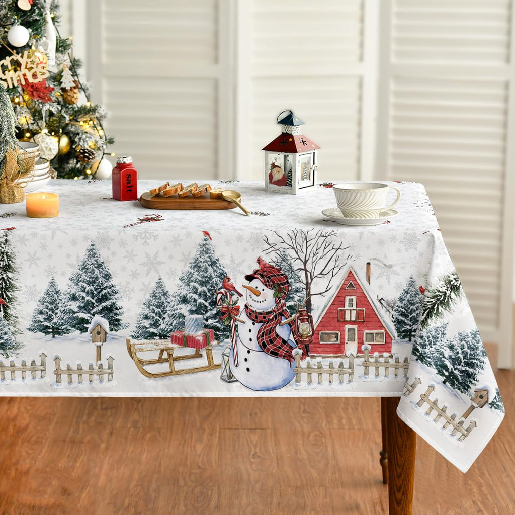 Horaldaily Christmas Tablecloth 60×84 Inch, Winter Snowman House Christmas Trees Red Washable Table Cover for Party Picnic Dinner Decor