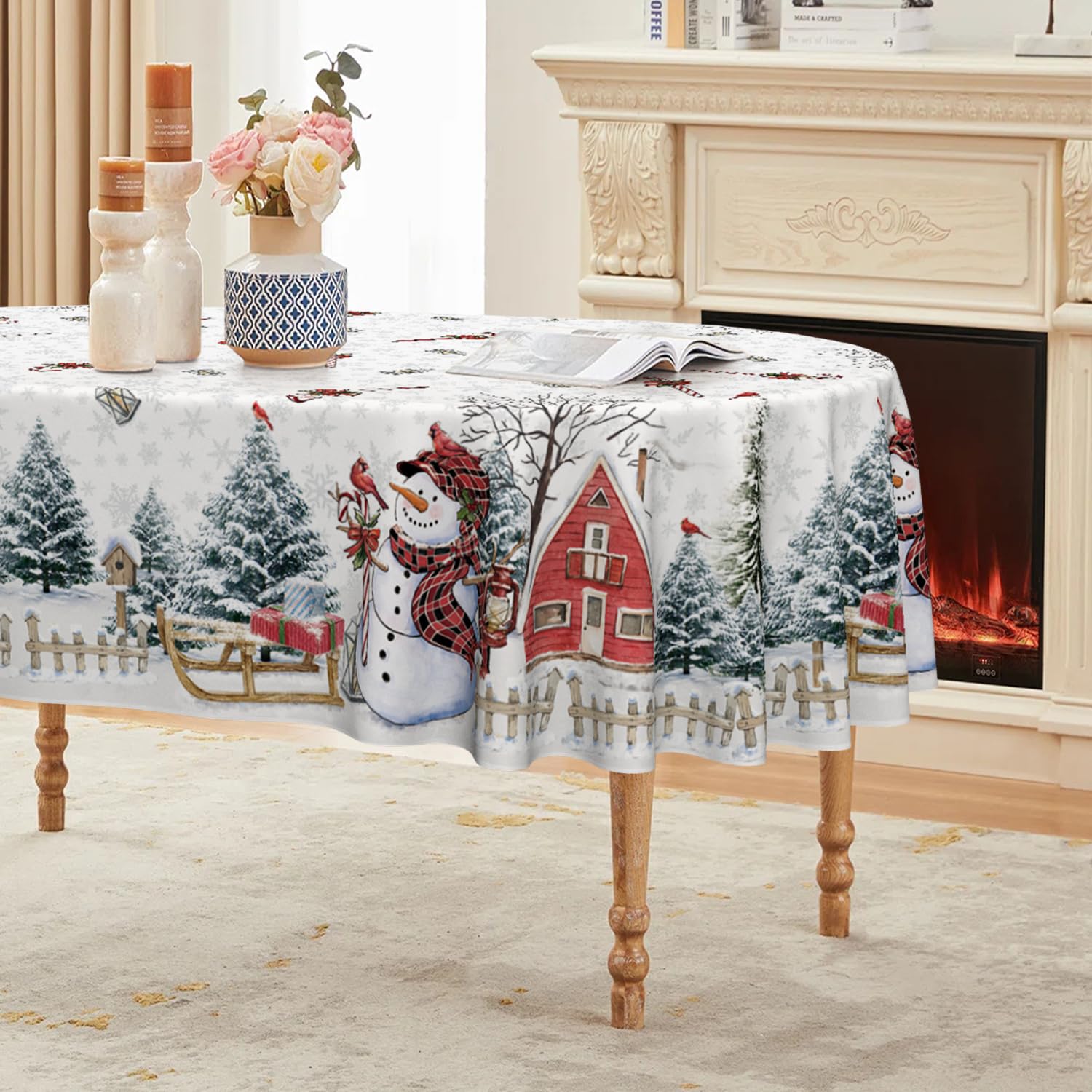 Horaldaily Christmas Tablecloth 60×84 Inch, Winter Snowman House Christmas Trees Red Washable Table Cover for Party Picnic Dinner Decor