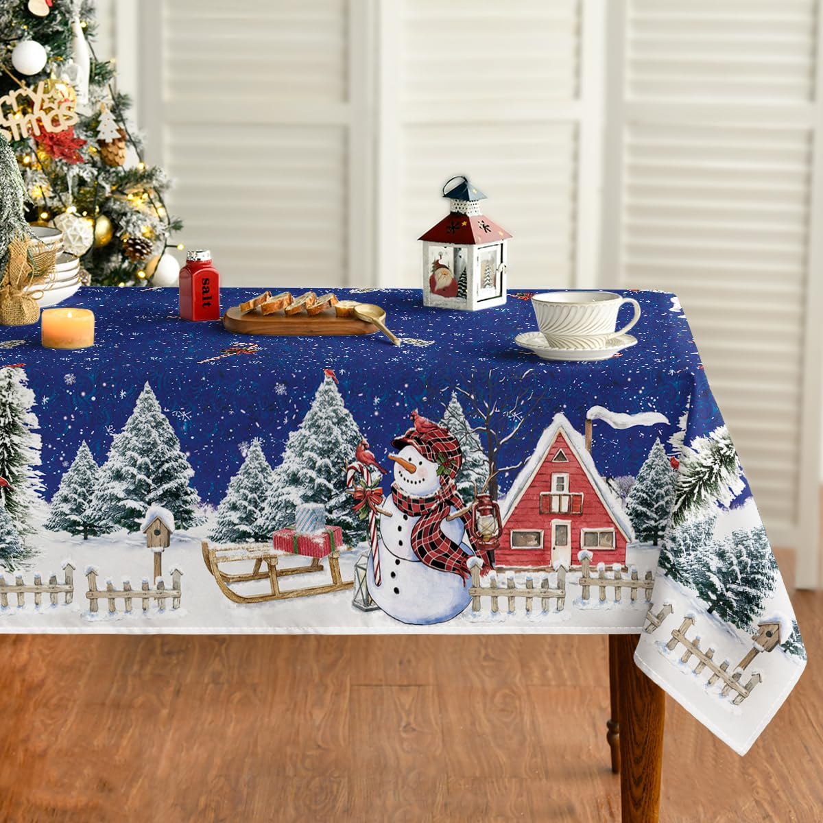 Horaldaily Christmas Tablecloth 60×84 Inch, Winter Snowman House Christmas Trees Red Washable Table Cover for Party Picnic Dinner Decor