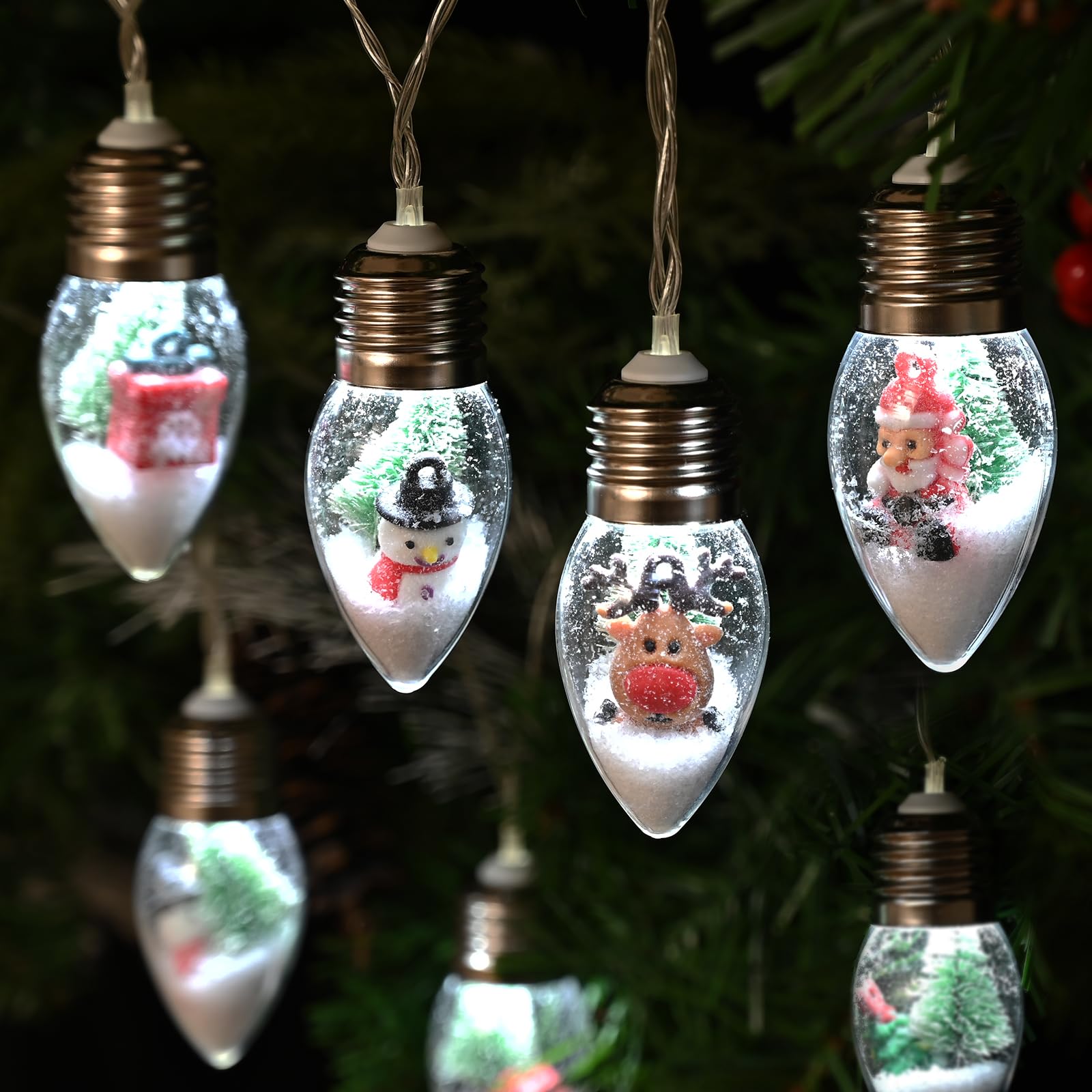 WENMER 2Pcs Christmas Snow Globe String Lights, 13.2FT Vintage Christmas Lights Indoor, 20 LED Globe Bulbs String Light with Snow & Cute Ornaments, Xmas Decor for Mantle, Patio, bedrooms