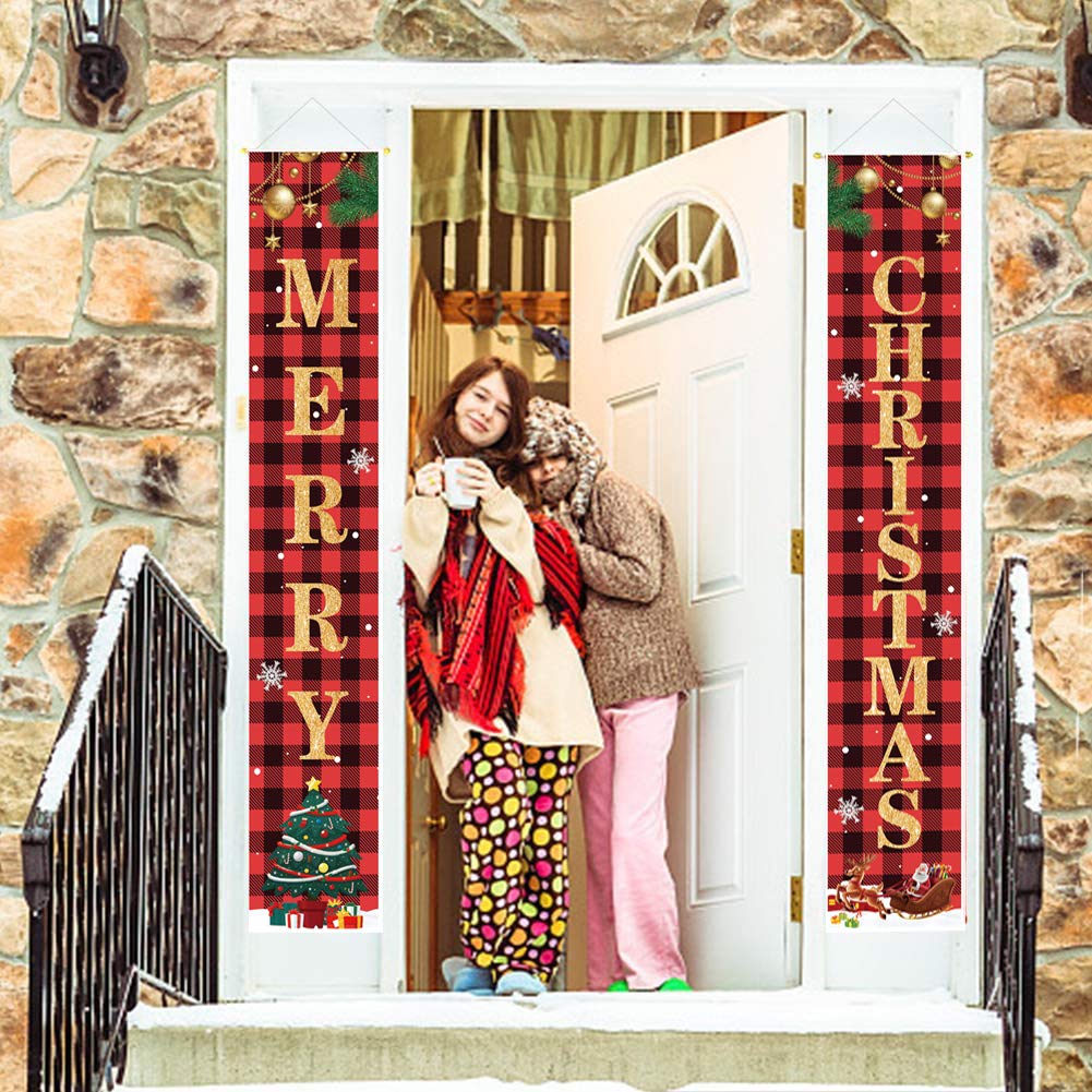 Christmas Decorations Merry Christmas Banner Decor Porch Sign, Christmas Porch Banner Happy New Year Plaid Signs for Home Front Door Fireplace or Holiday Party Decor for Country Wall Hanging Outside