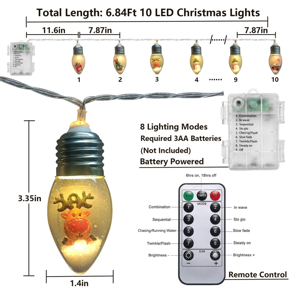 Christmas Lights 6.8Ft LED Christmas Tree Snow Globe Light 10 Shatterproof Edison Bulbs Battery Operated Light with Remote Timer, String Lights Indoor for Bedroom Porch Garden Party Xmas Decor