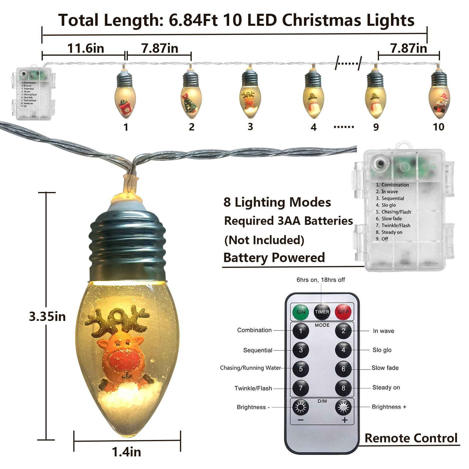 Christmas Lights 6.8Ft LED Christmas Tree Snow Globe Light 10 Shatterproof Edison Bulbs Battery Operated Light with Remote Timer, String Lights Indoor for Bedroom Porch Garden Party Xmas Decor