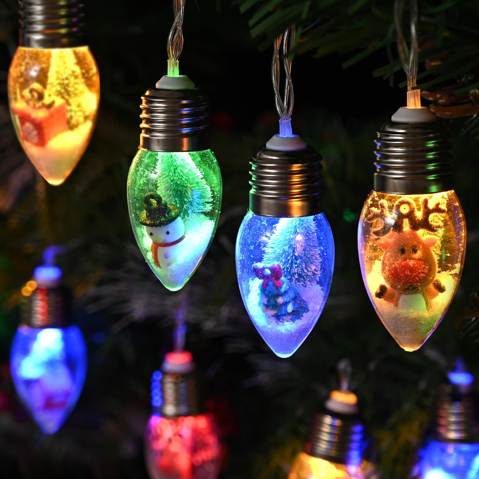 WENMER 2Pcs Christmas Snow Globe String Lights, 13.2FT Vintage Christmas Lights Indoor, 20 LED Globe Bulbs String Light with Snow & Cute Ornaments, Xmas Decor for Mantle, Patio, bedrooms
