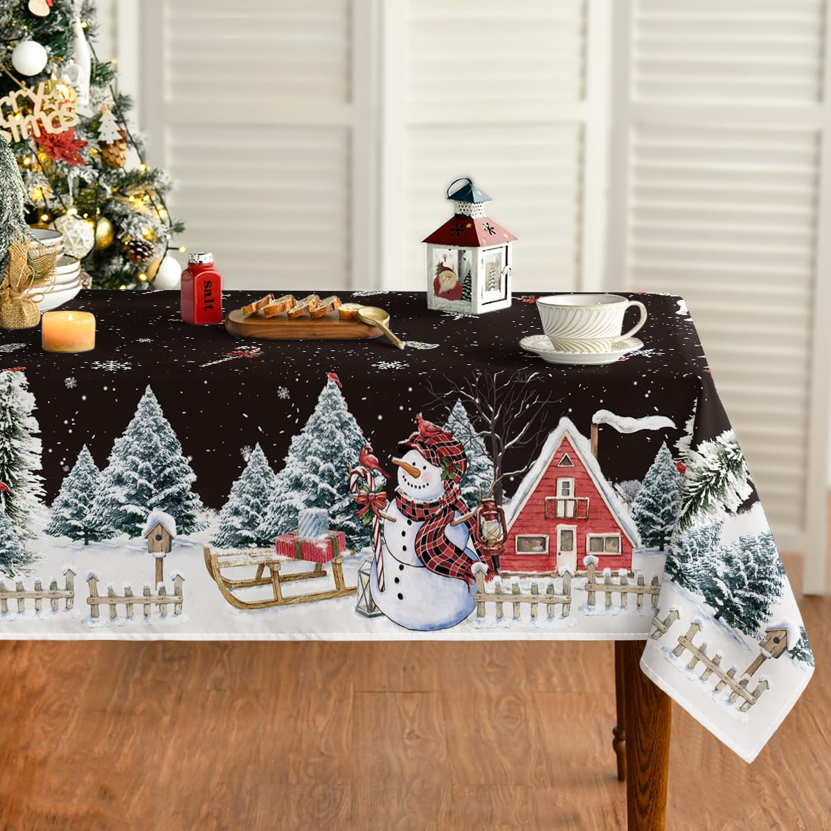 Horaldaily Christmas Tablecloth 60×84 Inch, Winter Snowman House Christmas Trees Red Washable Table Cover for Party Picnic Dinner Decor