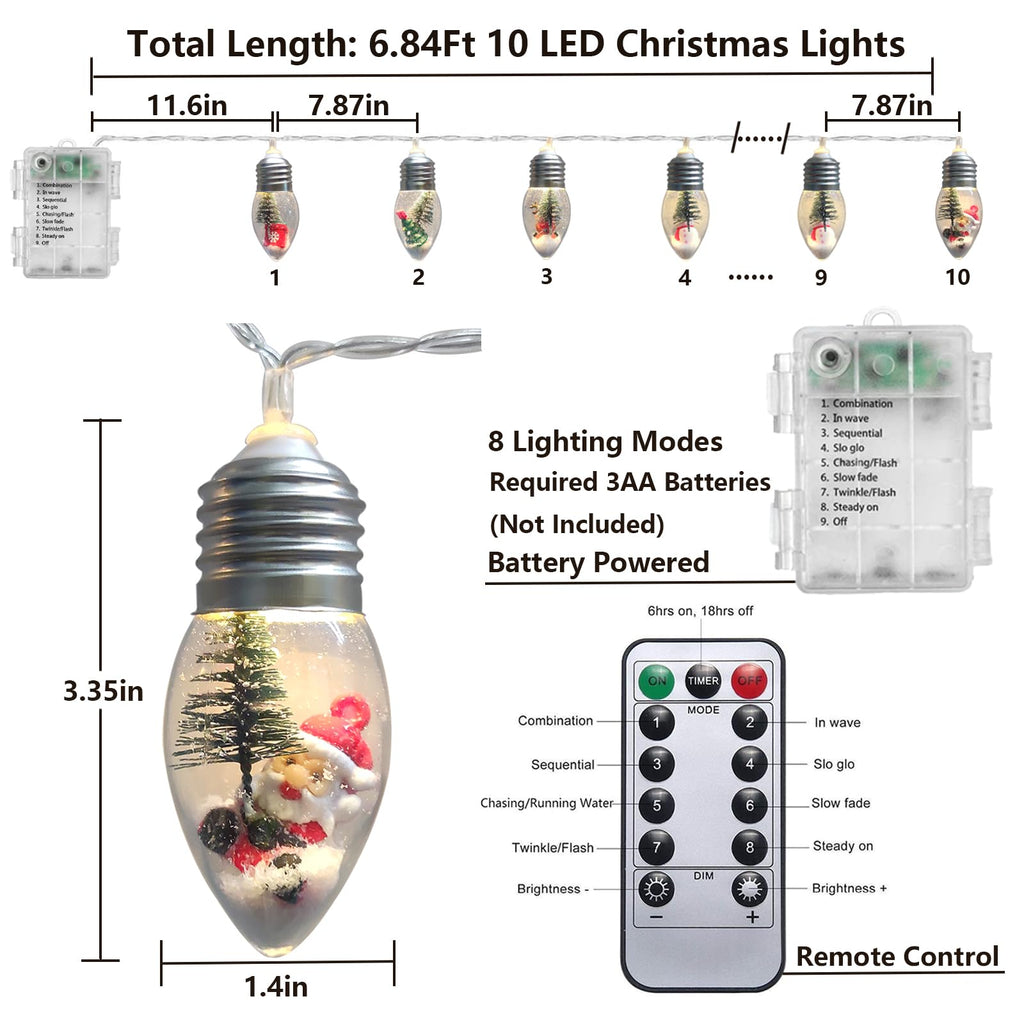 Christmas Lights 6.8Ft LED Christmas Tree Snow Globe Light 10 Shatterproof Edison Bulbs Battery Operated Light with Remote Timer, String Lights Indoor for Bedroom Porch Garden Party Xmas Decor