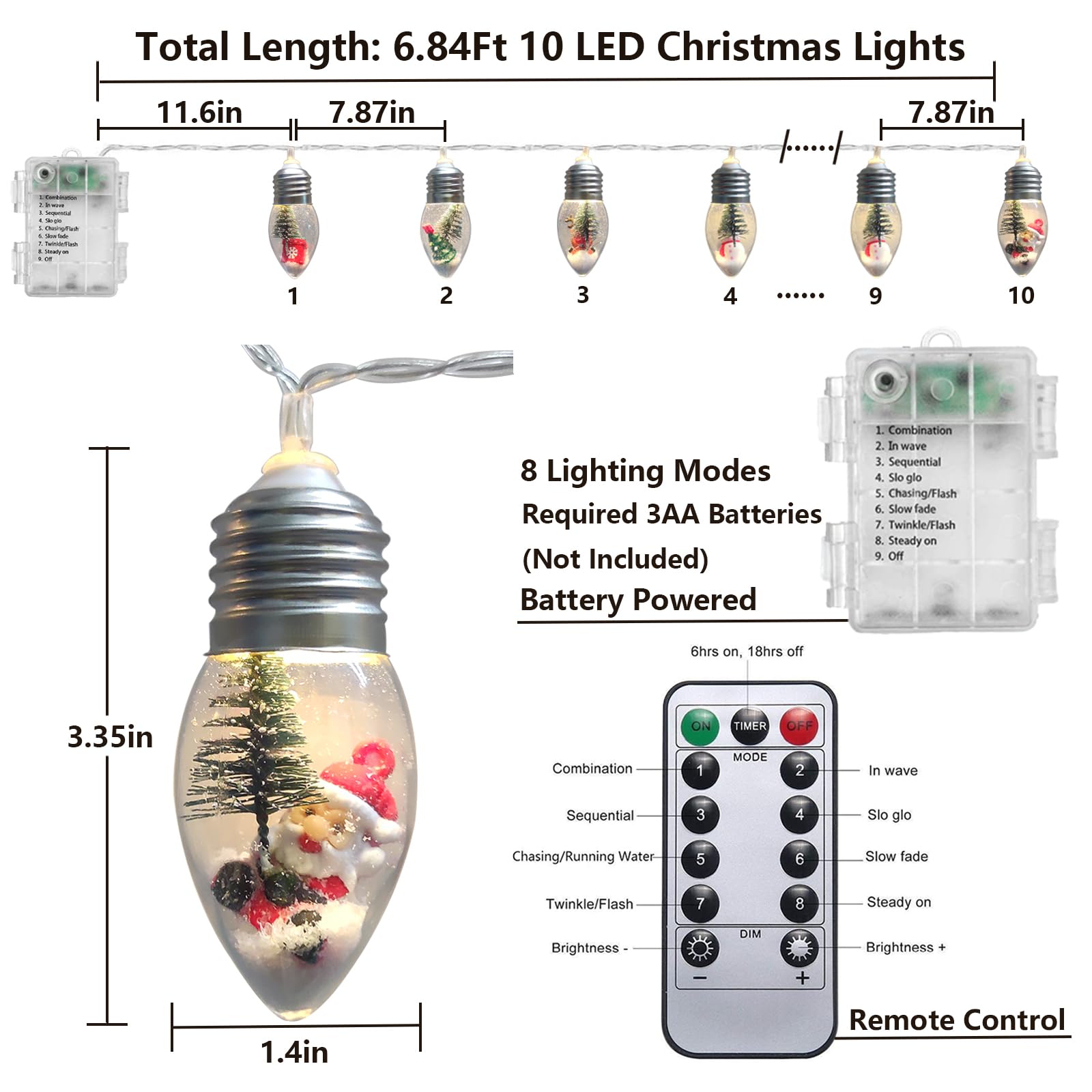 Christmas Lights 6.8Ft LED Christmas Tree Snow Globe Light 10 Shatterproof Edison Bulbs Battery Operated Light with Remote Timer, String Lights Indoor for Bedroom Porch Garden Party Xmas Decor
