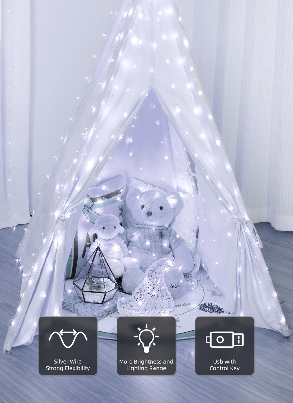 Brightown 300 LED Fairy Curtain Lights, 9.8ft x 9.8ft Warm White Curtain String Lights, USB Plug in 8 Lighting Modes Christmas Decoration, Hanging Lights with Remote for Bedroom Indoor Weddings Dorm