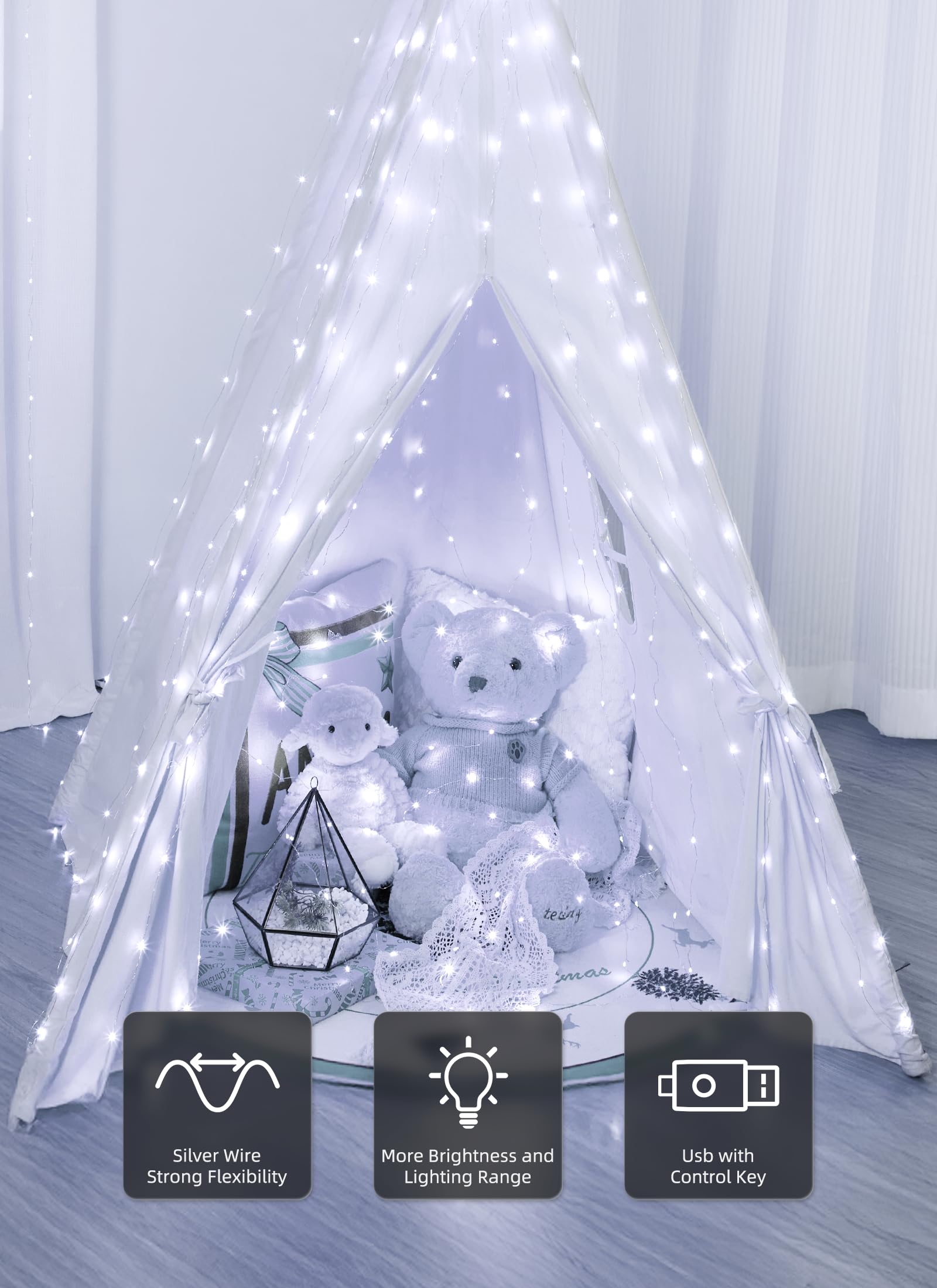 Brightown 300 LED Fairy Curtain Lights, 9.8ft x 9.8ft Warm White Curtain String Lights, USB Plug in 8 Lighting Modes Christmas Decoration, Hanging Lights with Remote for Bedroom Indoor Weddings Dorm