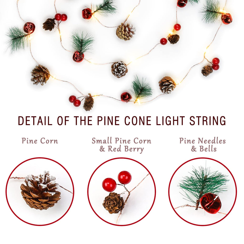 Christmas Garland with Lights, 10 Feet, 30 LED Lights, Pinecones, Red Berries, and Bells Decorations, Christmas Indoor Decorations for Home and Mantelpiece Door Frame Decorations