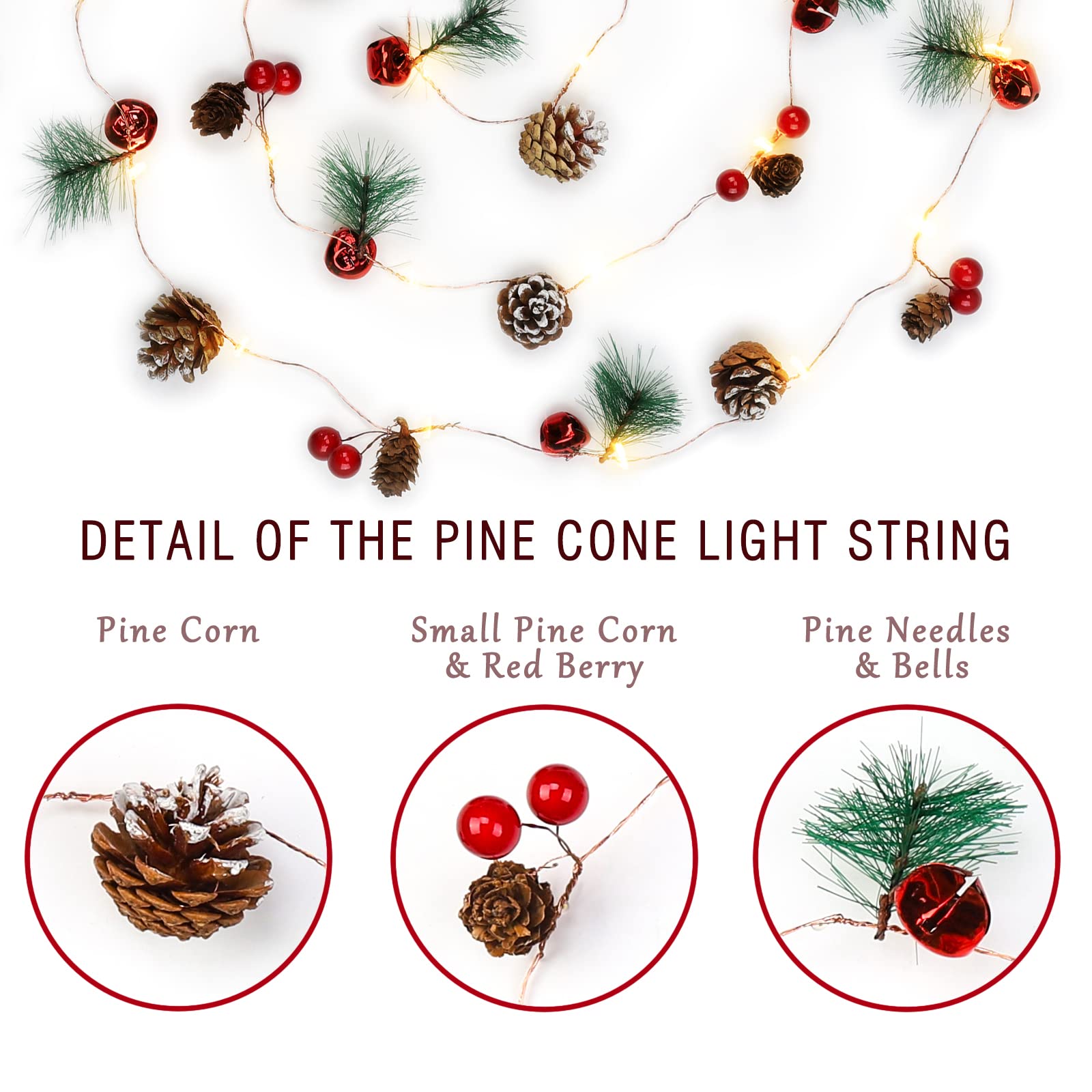 Christmas Garland with Lights, 10 Feet, 30 LED Lights, Pinecones, Red Berries, and Bells Decorations, Christmas Indoor Decorations for Home and Mantelpiece Door Frame Decorations