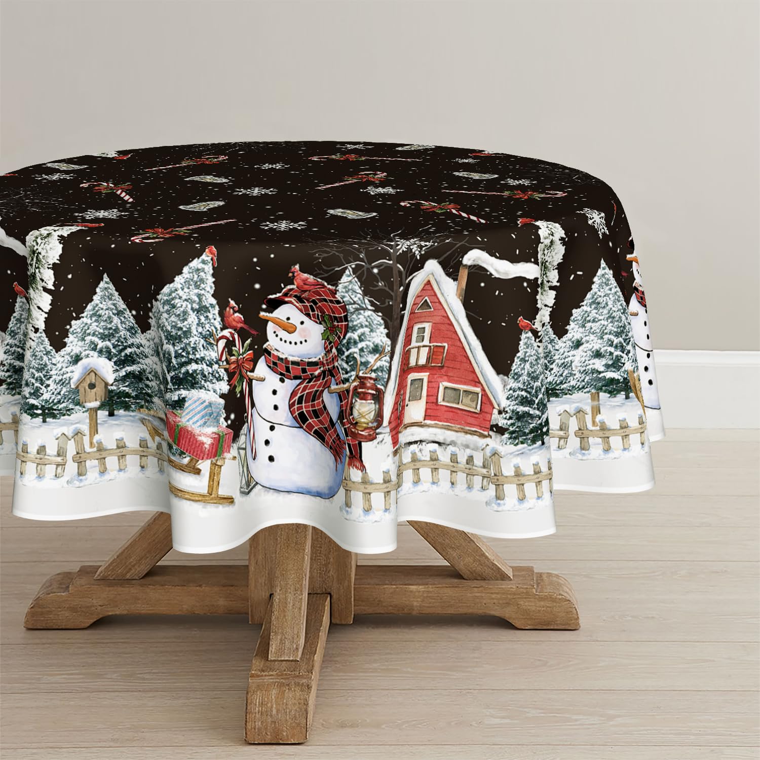 Horaldaily Christmas Tablecloth 60×84 Inch, Winter Snowman House Christmas Trees Red Washable Table Cover for Party Picnic Dinner Decor