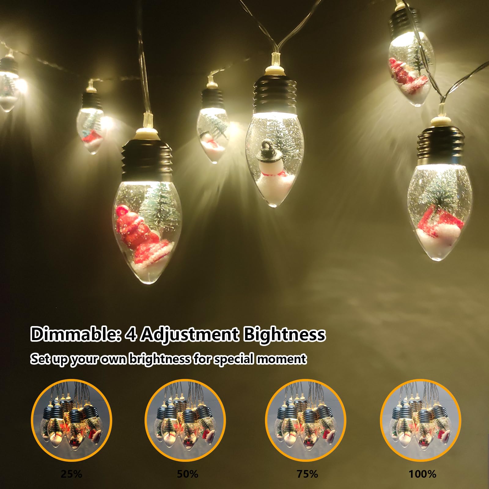 Christmas Lights 6.8Ft LED Christmas Tree Snow Globe Light 10 Shatterproof Edison Bulbs Battery Operated Light with Remote Timer, String Lights Indoor for Bedroom Porch Garden Party Xmas Decor