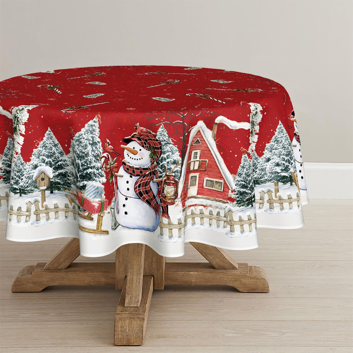 Horaldaily Christmas Tablecloth 60×84 Inch, Winter Snowman House Christmas Trees Red Washable Table Cover for Party Picnic Dinner Decor