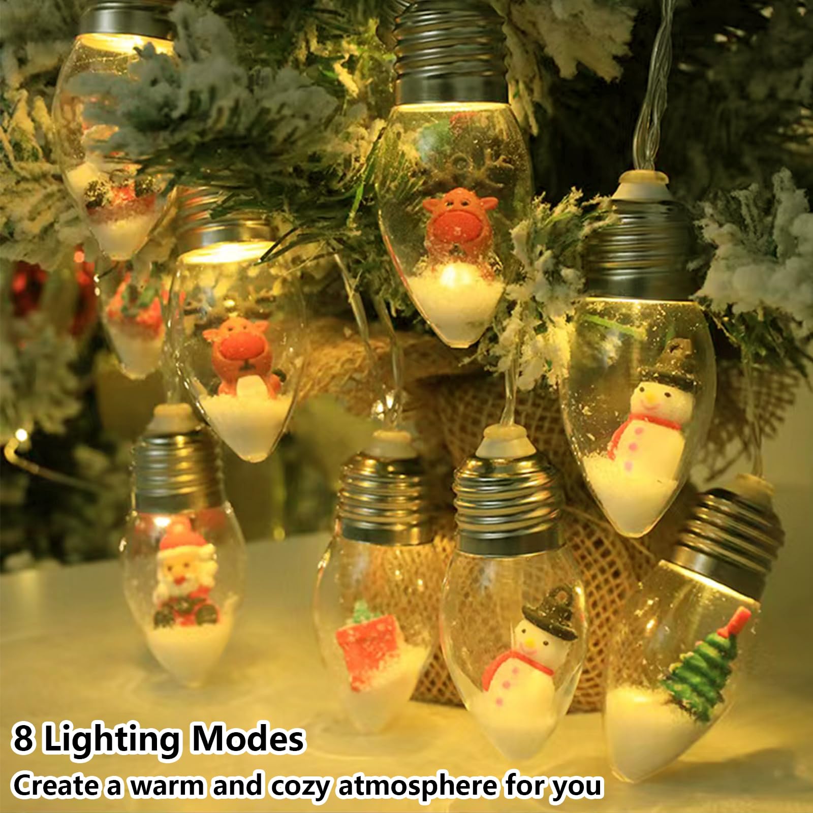 Christmas Lights 6.8Ft LED Christmas Tree Snow Globe Light 10 Shatterproof Edison Bulbs Battery Operated Light with Remote Timer, String Lights Indoor for Bedroom Porch Garden Party Xmas Decor