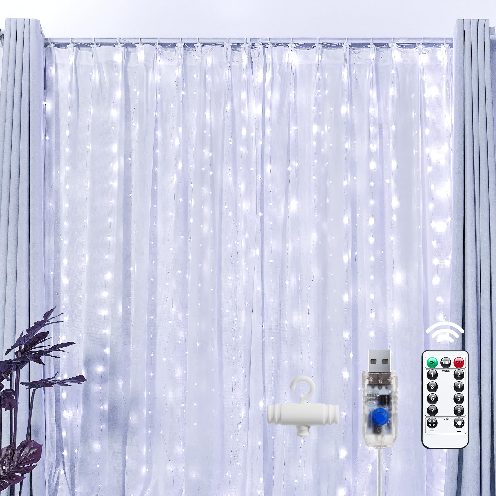 Brightown 300 LED Fairy Curtain Lights, 9.8ft x 9.8ft Warm White Curtain String Lights, USB Plug in 8 Lighting Modes Christmas Decoration, Hanging Lights with Remote for Bedroom Indoor Weddings Dorm