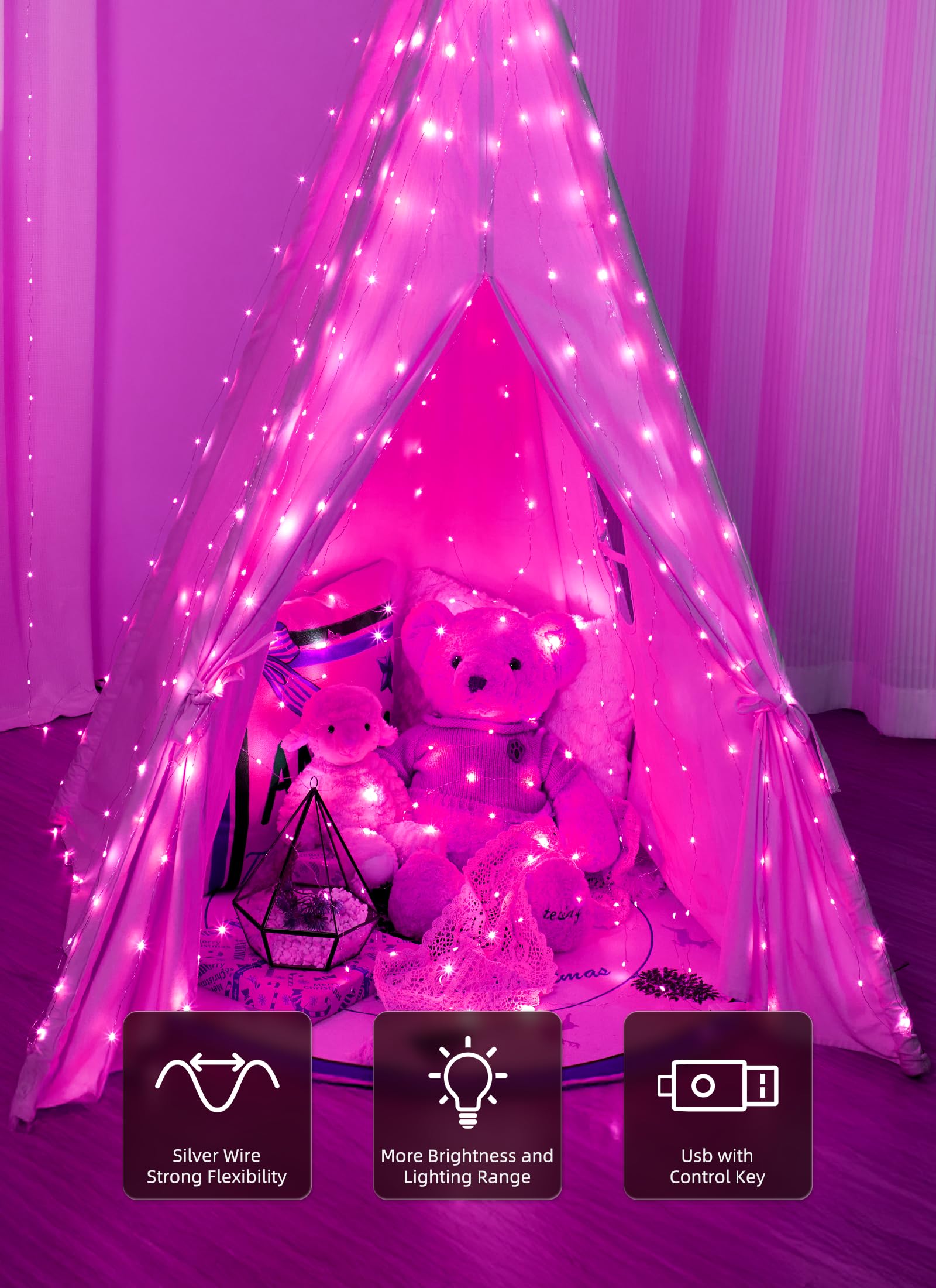 Brightown 300 LED Fairy Curtain Lights, 9.8ft x 9.8ft Warm White Curtain String Lights, USB Plug in 8 Lighting Modes Christmas Decoration, Hanging Lights with Remote for Bedroom Indoor Weddings Dorm