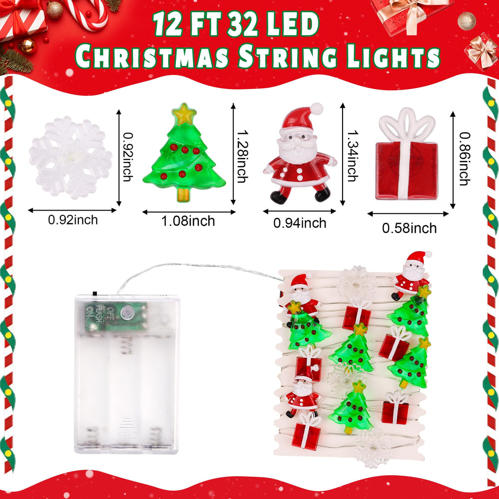 Christmas String Lights 12FT 32 LED Christmas Tree Santa Clause Snowman Gift Box Xmas String Lights Battery Operated Holiday Fairy Lights for Tree Light Decorations Table Home Indoor Holiday Decor