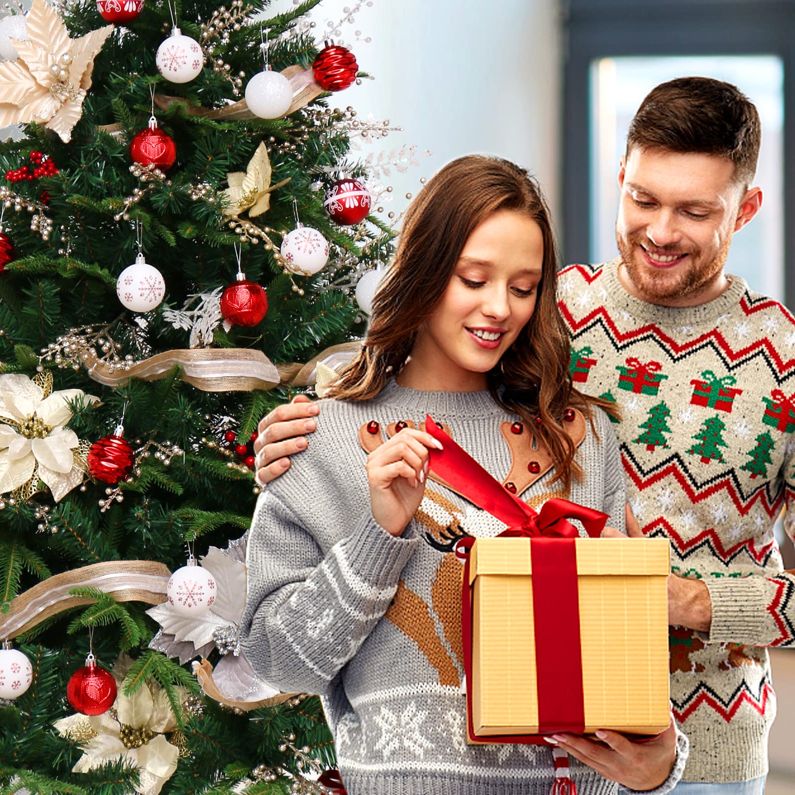 ROSELEAF 30ct 2.36" Shatterproof Christmas Tree Ornaments - Red, Green, Gold Plastic Hanging Balls - Christmas, Wedding And Engagement Occasion