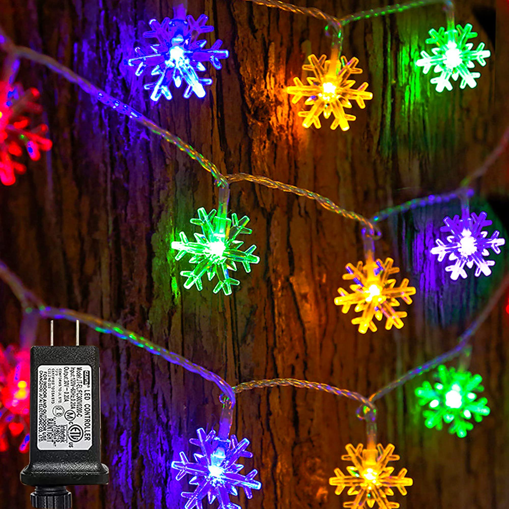 Dazzle Bright Christmas Snowflakes String Lights, 100 LED 49FT Waterproof Christmas Lights Plug in with 8 Modes for Indoor Outdoor Holiday Wedding Party Xmas Tree Garden Decorations (Multi-Colored)