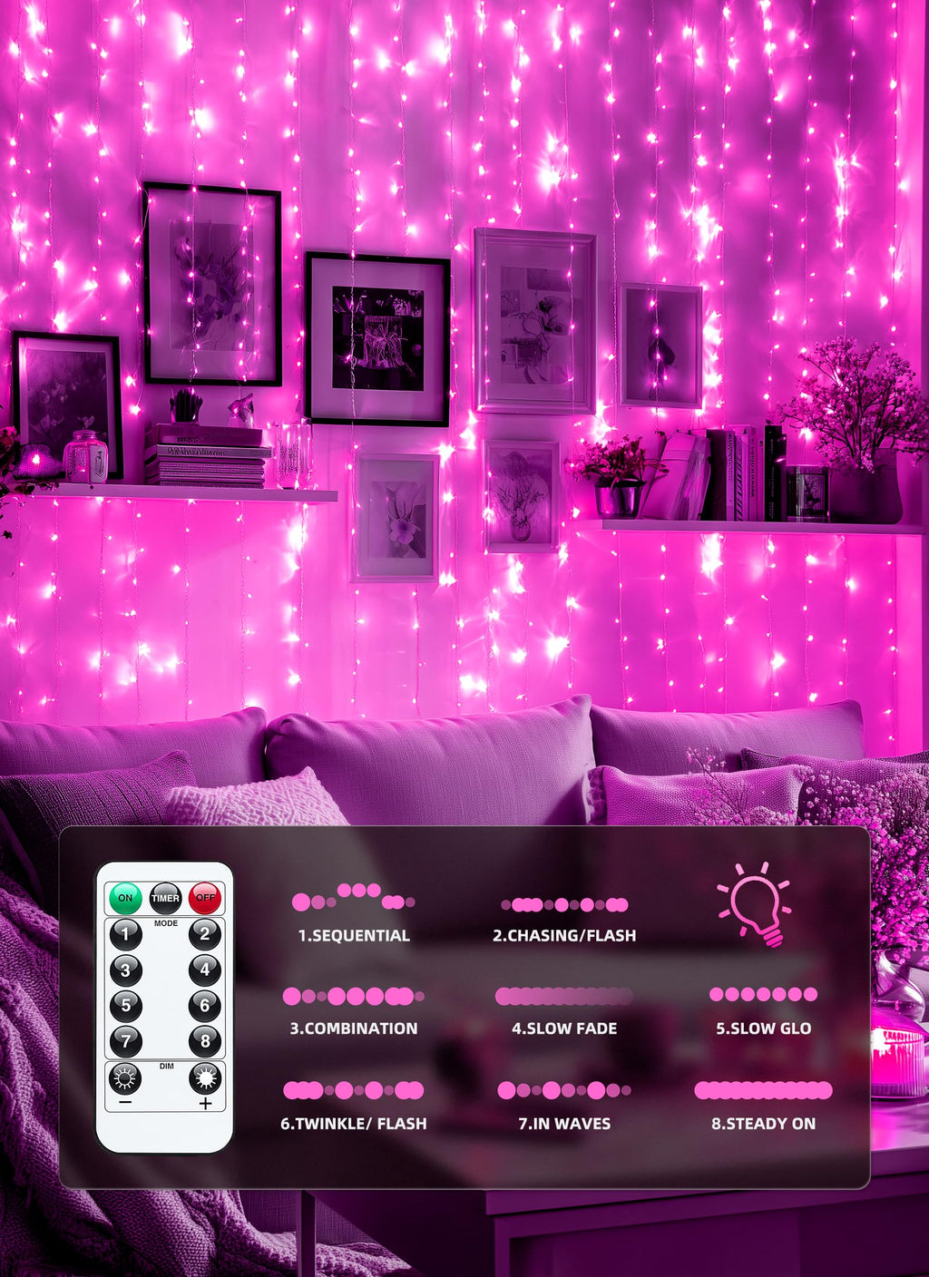 Brightown 300 LED Fairy Curtain Lights, 9.8ft x 9.8ft Warm White Curtain String Lights, USB Plug in 8 Lighting Modes Christmas Decoration, Hanging Lights with Remote for Bedroom Indoor Weddings Dorm