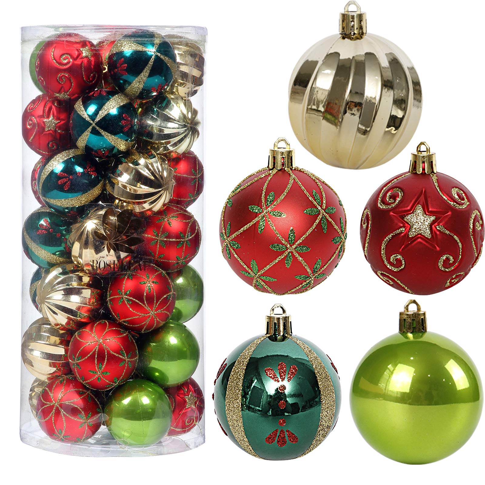 ROSELEAF 30ct 2.36" Shatterproof Christmas Tree Ornaments - Red, Green, Gold Plastic Hanging Balls - Christmas, Wedding And Engagement Occasion