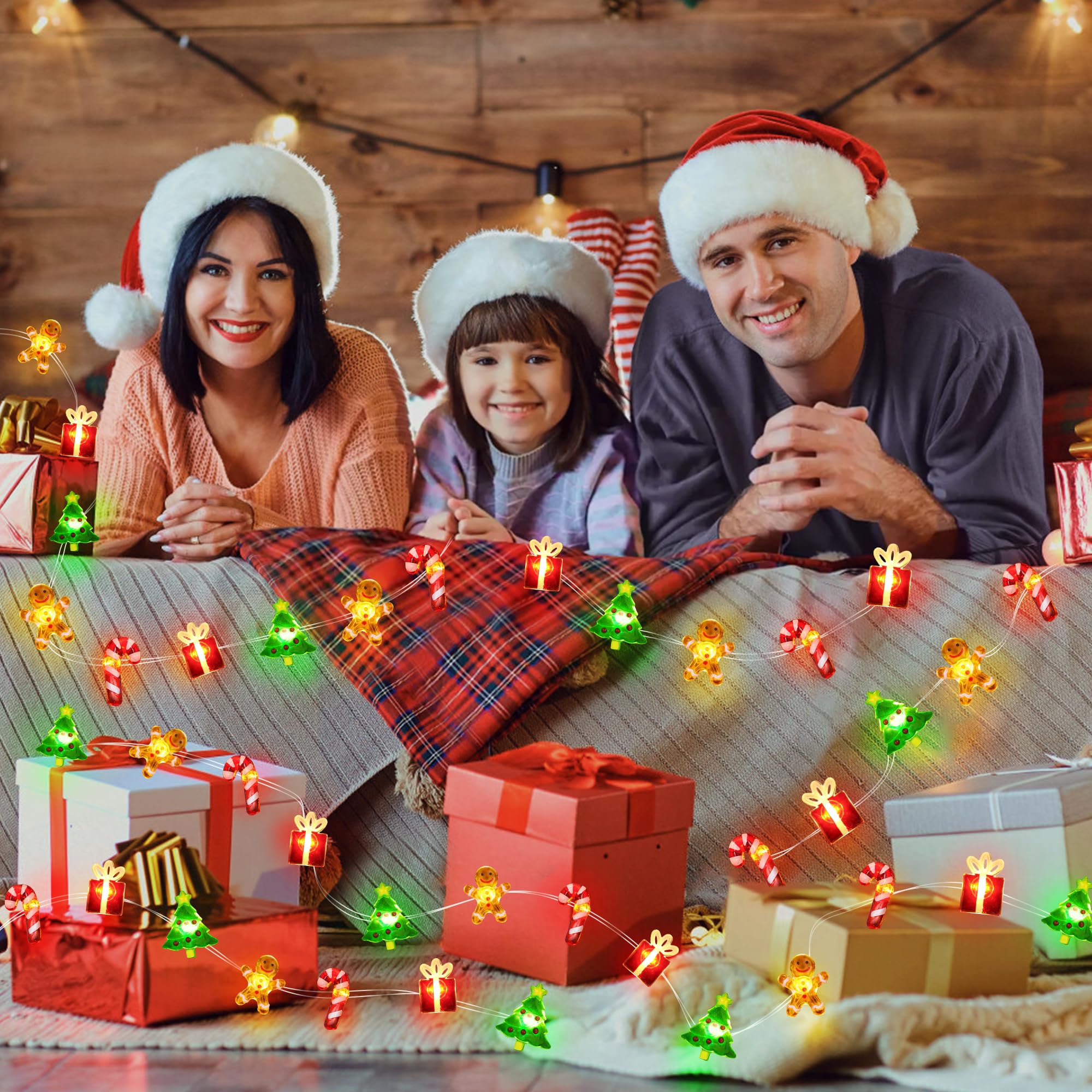 Christmas String Lights 12FT 32 LED Christmas Tree Santa Clause Snowman Gift Box Xmas String Lights Battery Operated Holiday Fairy Lights for Tree Light Decorations Table Home Indoor Holiday Decor