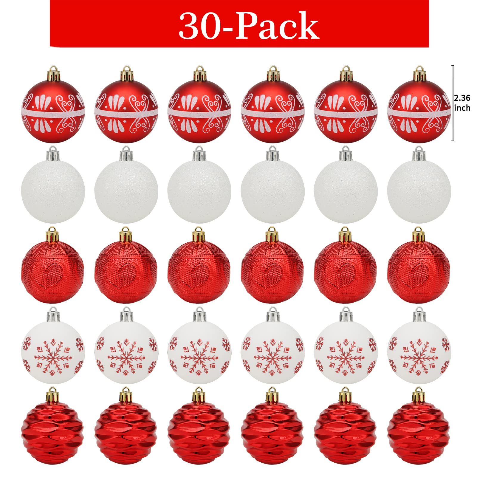 ROSELEAF 30ct 2.36" Shatterproof Christmas Tree Ornaments - Red, Green, Gold Plastic Hanging Balls - Christmas, Wedding And Engagement Occasion